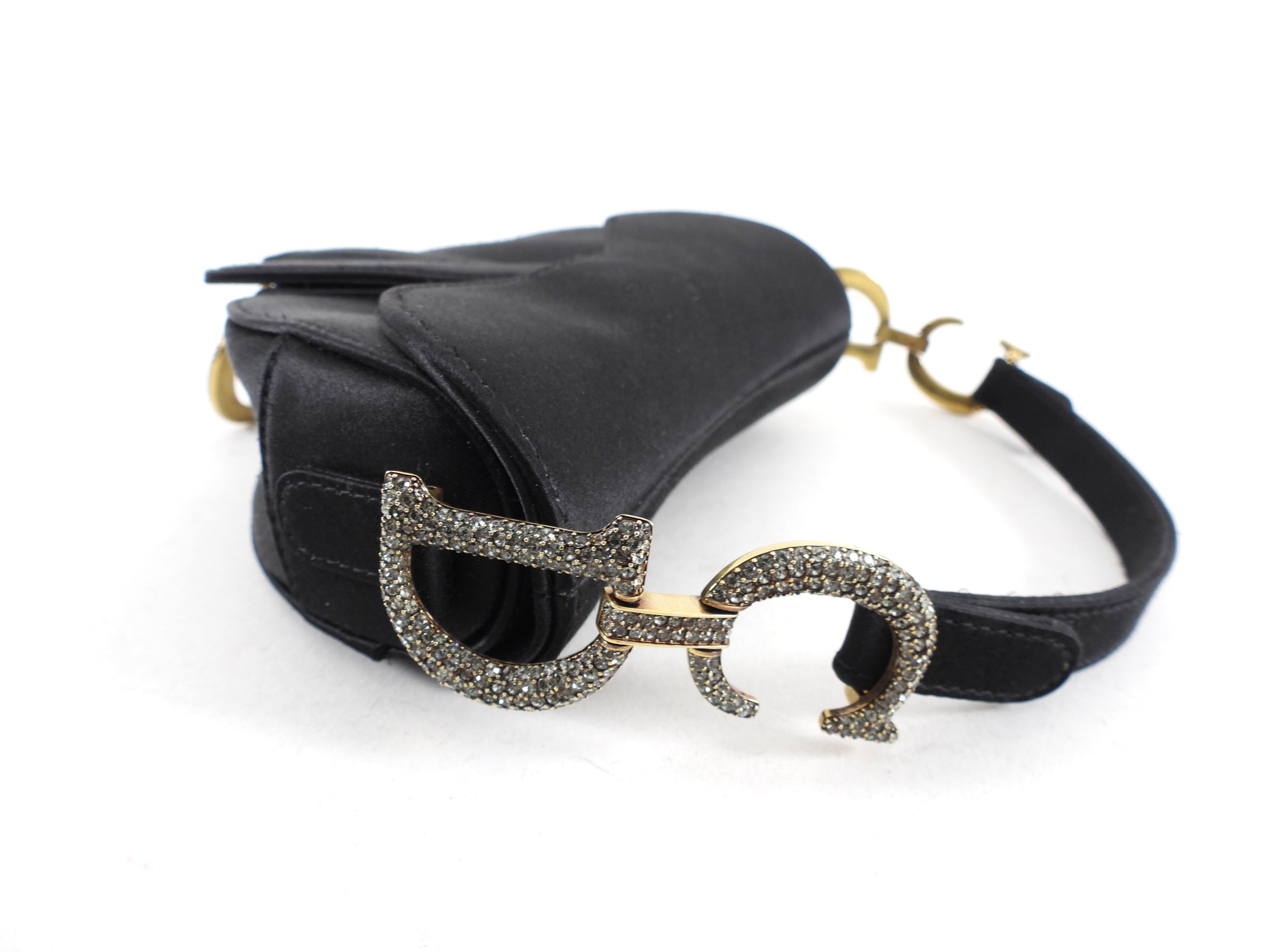 Christian Dior Black Satin Crystal Embellished Mini Saddle Bag - Luxury Crossbody Purse for Women, Perfect for Evening Parties & Special Occasions