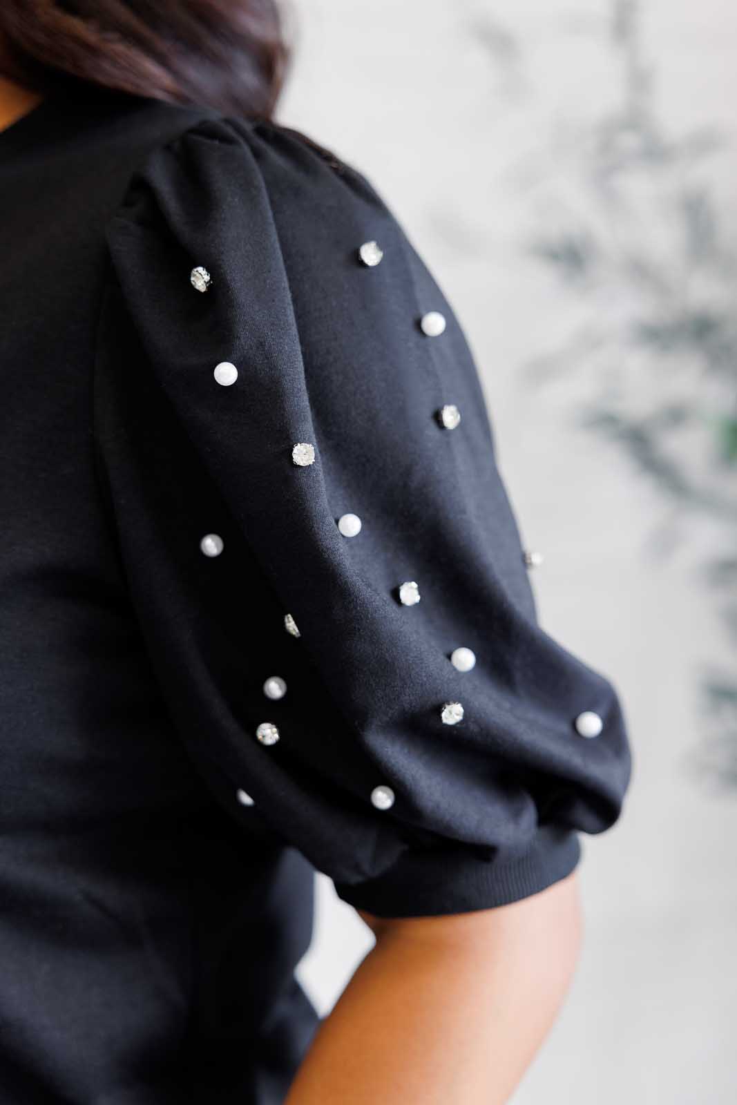 Black Diamonds and Pearls Puff Sleeve Blouse - Elegant Women's Fashion Top for Parties, Dates & Special Occasions