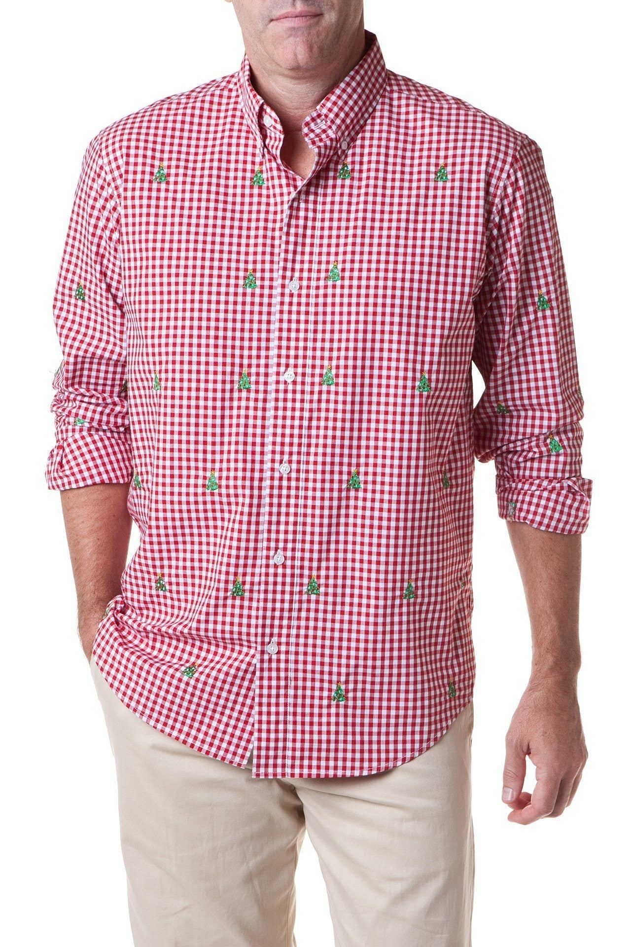 Straight Wharf Red Gingham Shirt with Christmas Tree Print - Casual Holiday Button Down for Men, Perfect for Christmas Parties & Festive Gatherings