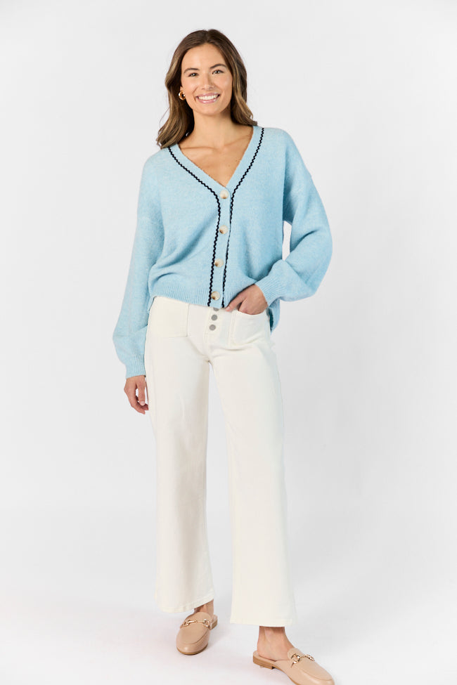 Elegant Blue and Navy Rickrack Trim Cardigan for Women | Cozy Knit Sweater | Perfect for Fall & Winter Layering | Office, Casual & Date Night Outfits