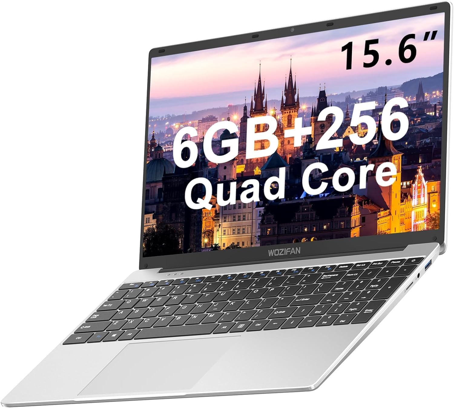WOZIFAN 15.6 Inch Laptop - 256GB SSD, 2.4G+5G WiFi, 1080P FHD, Windows 11, Up to 2.8GHz, Bluetooth, USB, HDMI - Includes Wireless Mouse & German Keyboard Sticker (Silver) - Perfect for Work, Study, and Entertainment