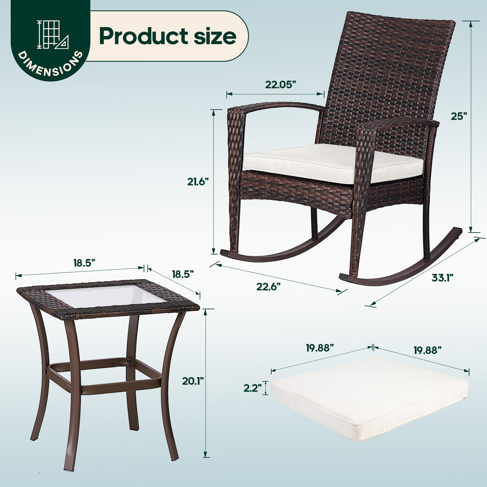 Niubya 3-Piece Wicker Rocking Chair Patio Set - Outdoor Rattan Bistro Conversation Set with Cushions & Coffee Table in Beige/Brown - Perfect for Garden, Porch, Backyard & Poolside Relaxation