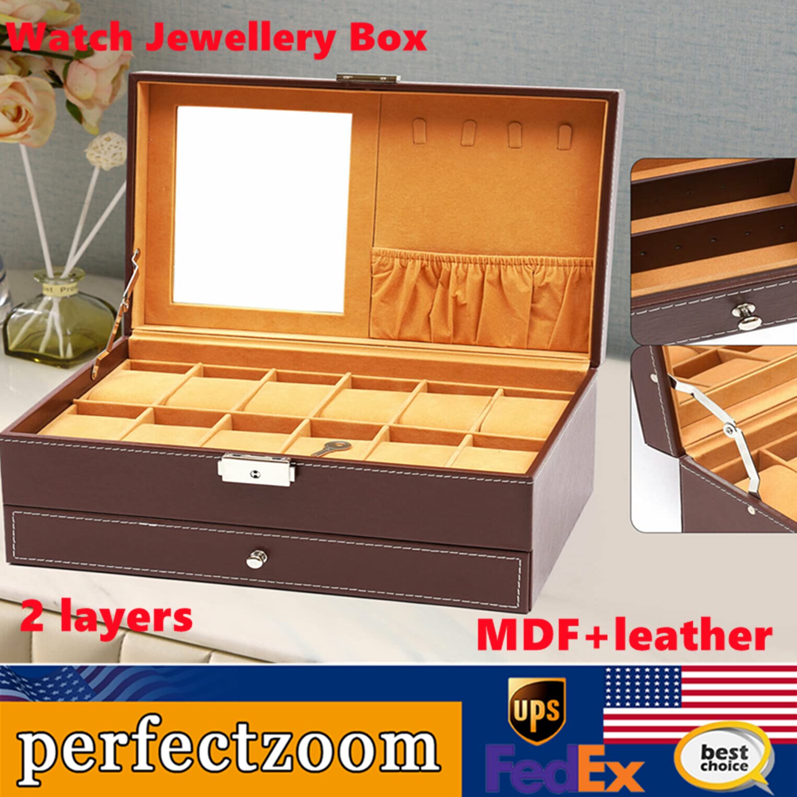 Premium Leather Jewelry & Watch Organizer Box with Mirror - 2 Layers, 12 Slots for Necklaces, Rings, Earrings - Perfect Storage Solution for Women, Men & Travel Use