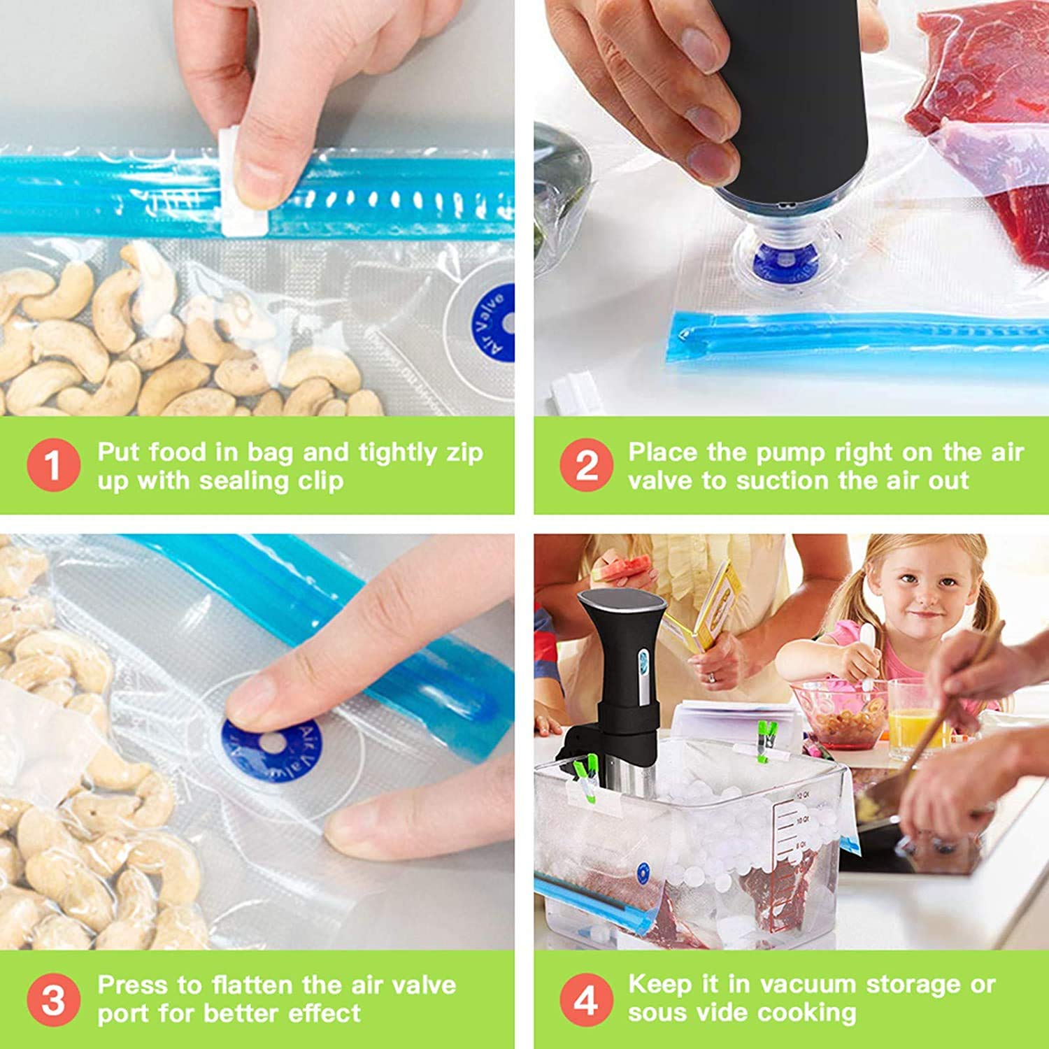Premium Electric Food Vacuum Sealer Machine with 20 Reusable Storage Bags - Sous Vide Kit Compatible with Anova & Joule Cookers - Includes Air Pump, 4 Sealing Clips & 4 Sous Vide Clips - Perfect for Meal Prep, Food Preservation & Sous Vide Cooking at Home