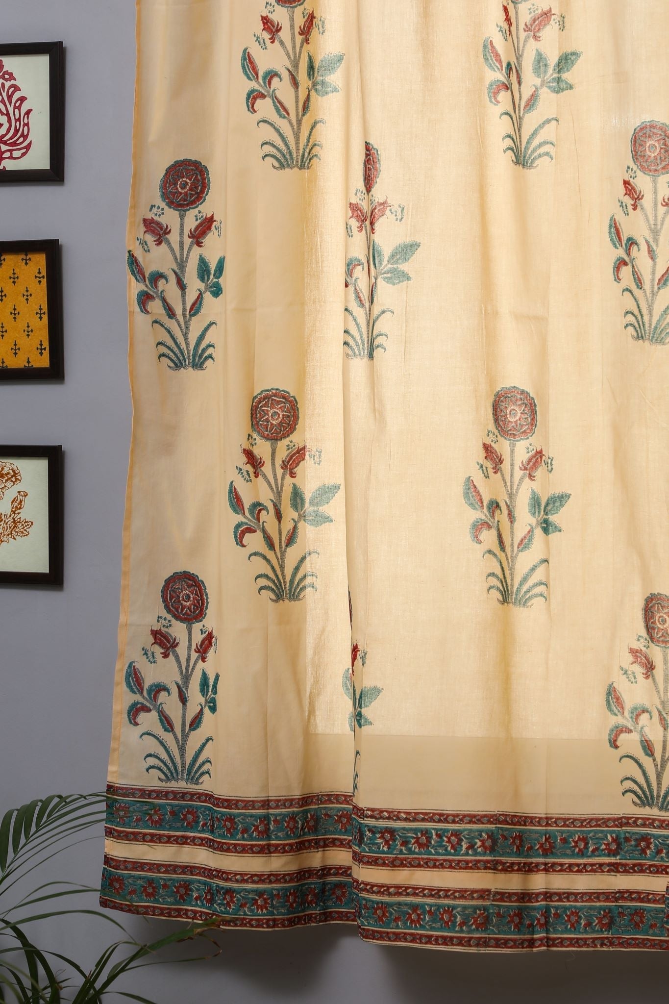 Handblock Printed Cotton Window Curtains - Calendula Red Floral Design by SootiSyahi | Eco-Friendly Home Decor for Living Room & Bedroom