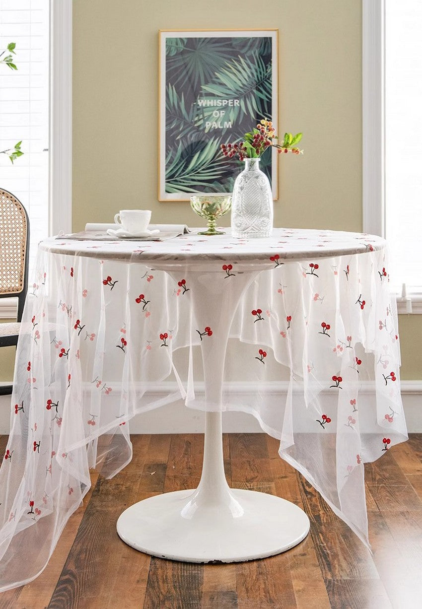 Extra Large Rectangular Tablecloth for Oval & Coffee Tables - Cherry Lace Embroidered Table Cover - Perfect for Dining Room, Wedding Decor & Home Party Setup