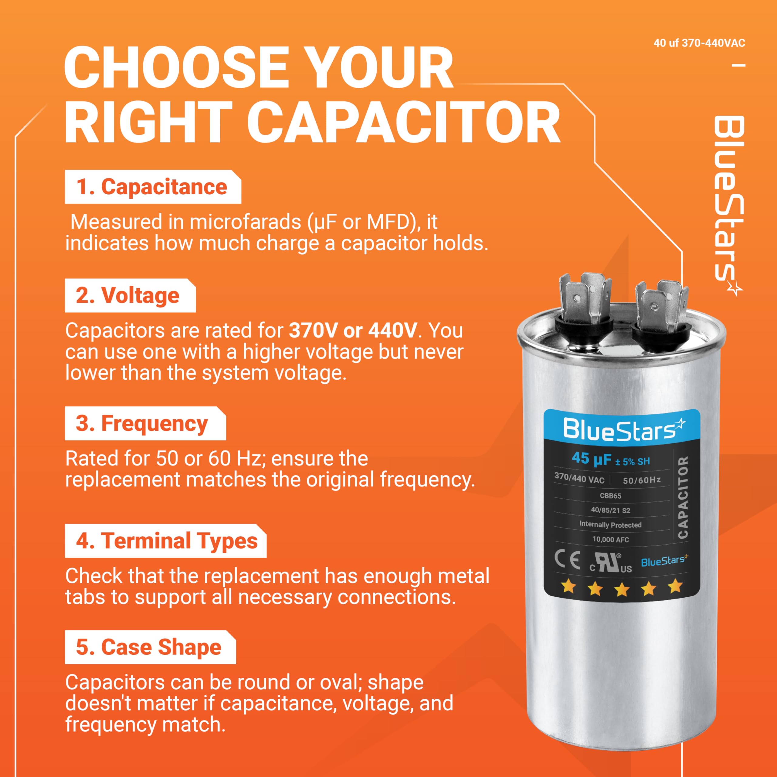 45uF 370-440VAC Round Run Start Capacitor Replacement - Exact Fit for AC Motor, Fan, Heat Pump & Air Conditioner - HVAC System, Cooling Unit & Appliance Repair Part