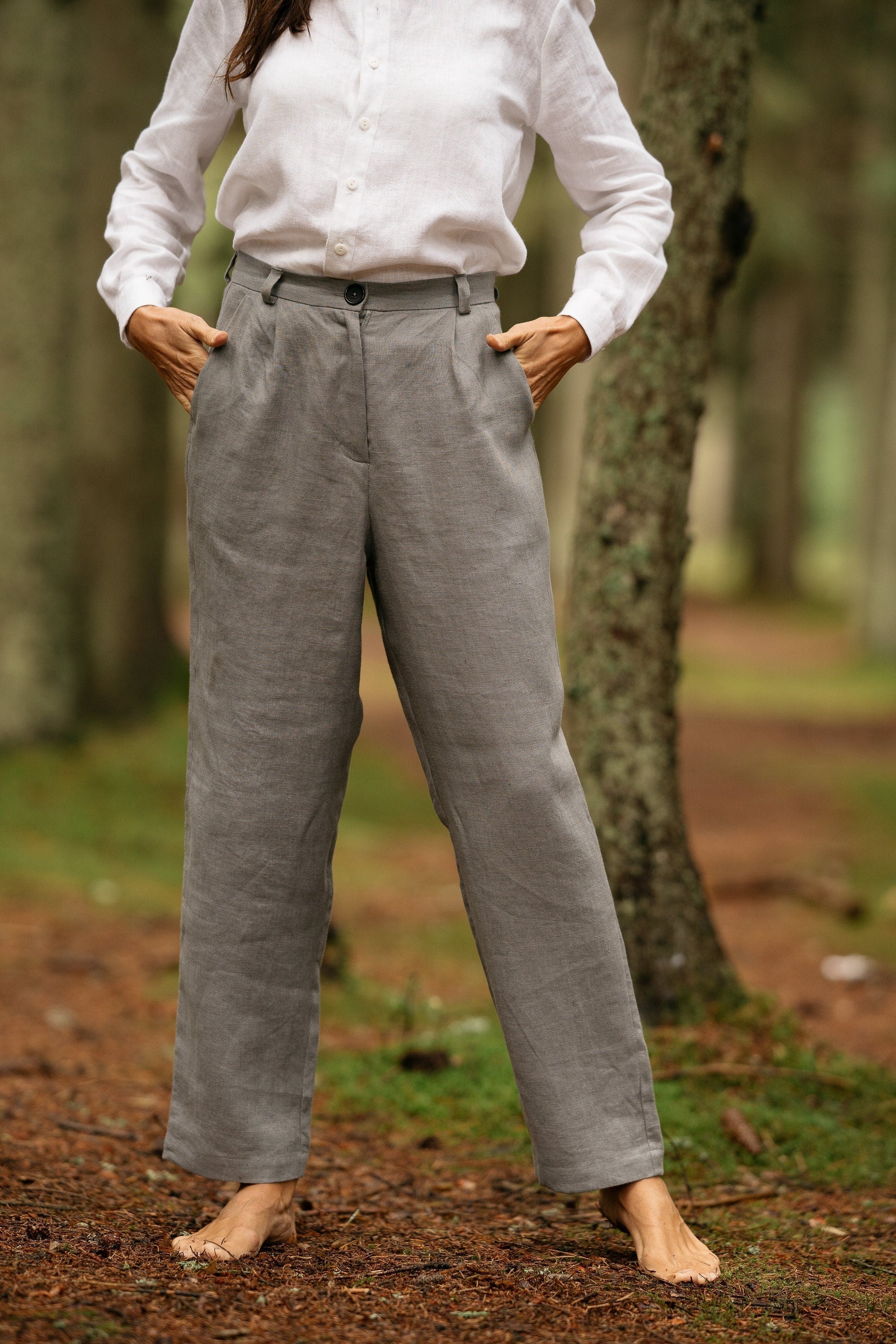 JULIA Linen Pleated Pants for Women - Soft & Breathable Grey Casual Trousers | Perfect for Office Wear, Summer Outfits & Travel