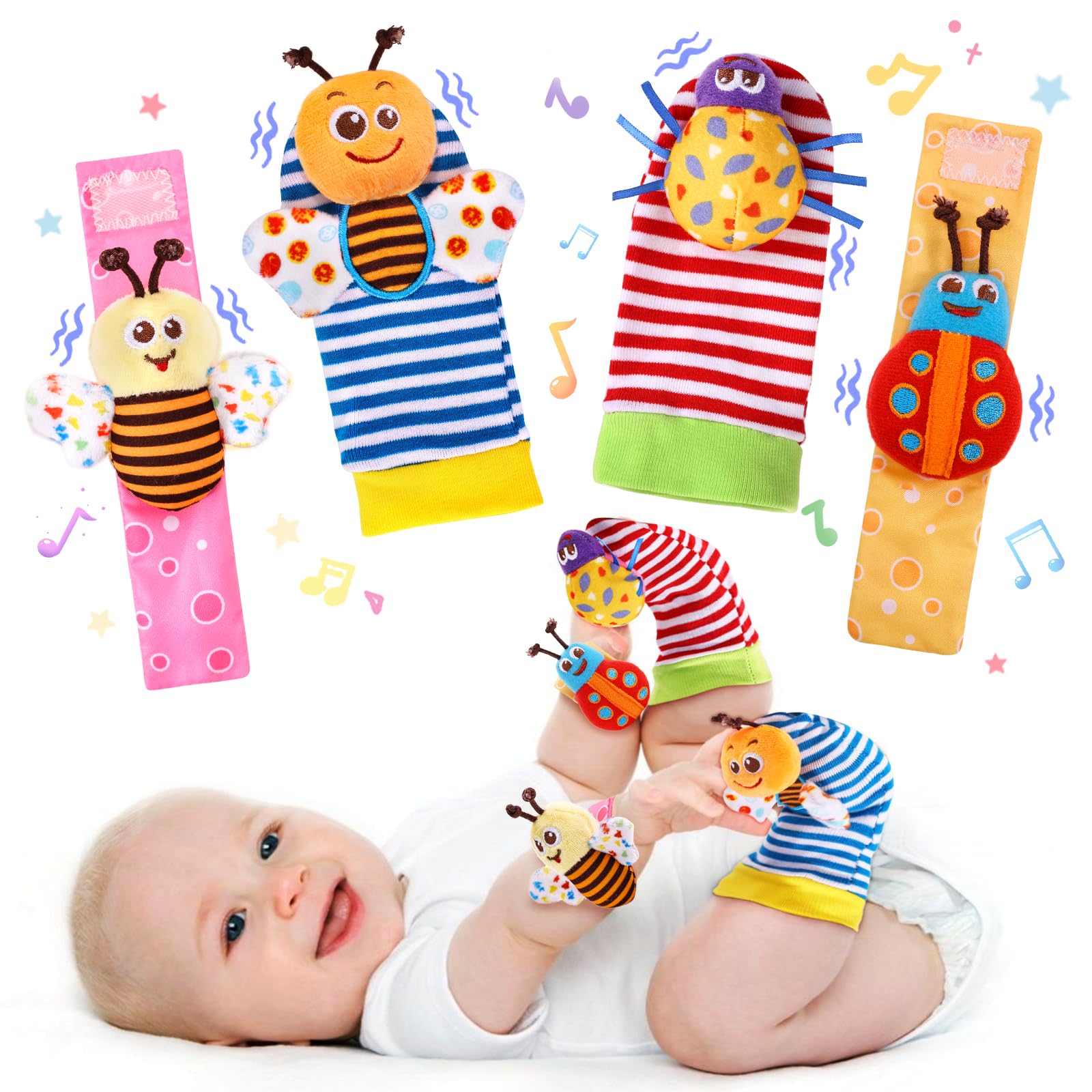 Adorable Baby Wrist Rattle Socks & Foot Finder Set - Soft Infant Toys for 0-12 Months (Unisex) - Perfect Newborn Hand & Foot Rattles for 3-9 Month Olds - Ideal Baby Shower & Easter Gift for Boys & Girls - Great for Tummy Time & Sensory Development