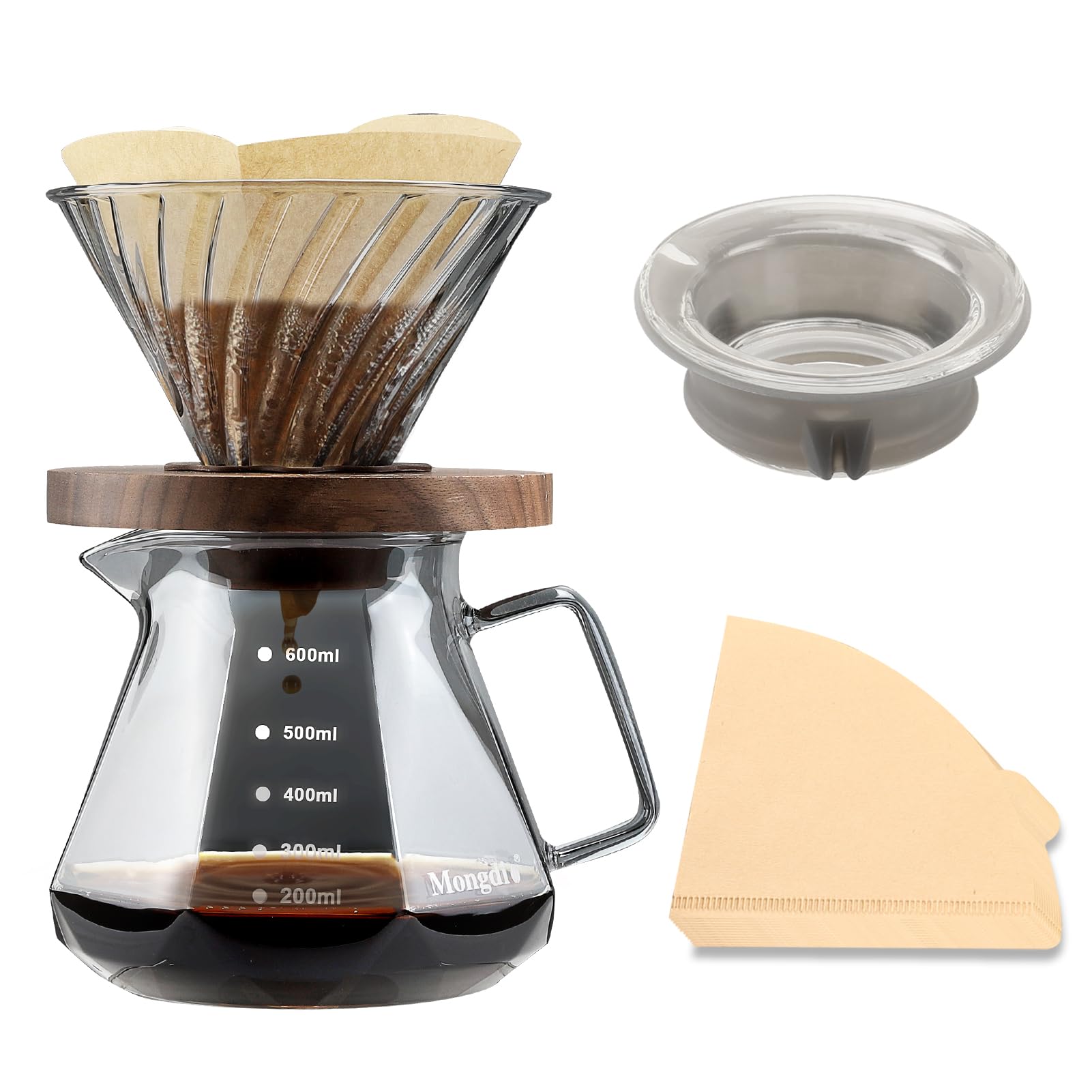 Premium Pour Over Coffee Maker Set - 20oz Borosilicate Glass Dripper with Walnut Handle & Glass Lid, Includes 100pcs V60 Paper Filters (600ml, Gray) - Perfect for Home Brewing, Café & Restaurant Use