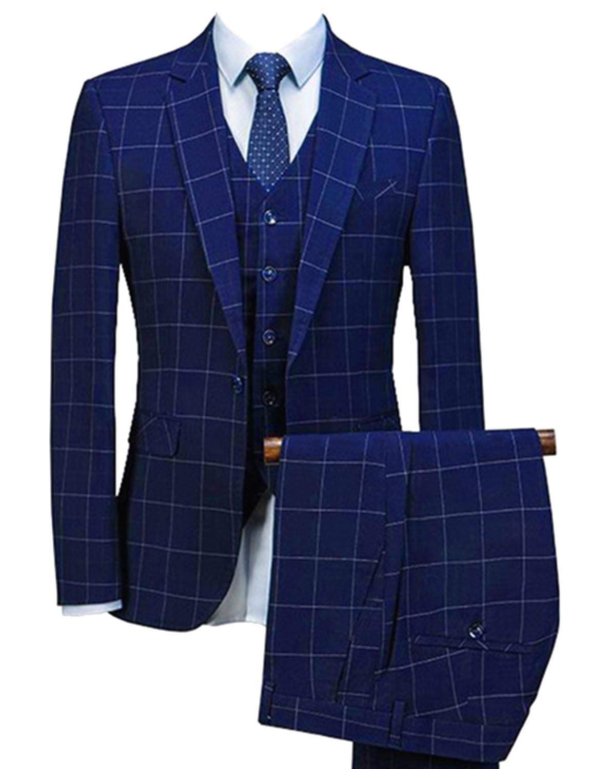 CALVINSUIT Men's 3-Piece Plaid Suit Set - Slim Fit Single Breasted Formal Tuxedo for Wedding, Prom & Business Events | Perfect for Groomsmen, Office Wear & Special Occasions