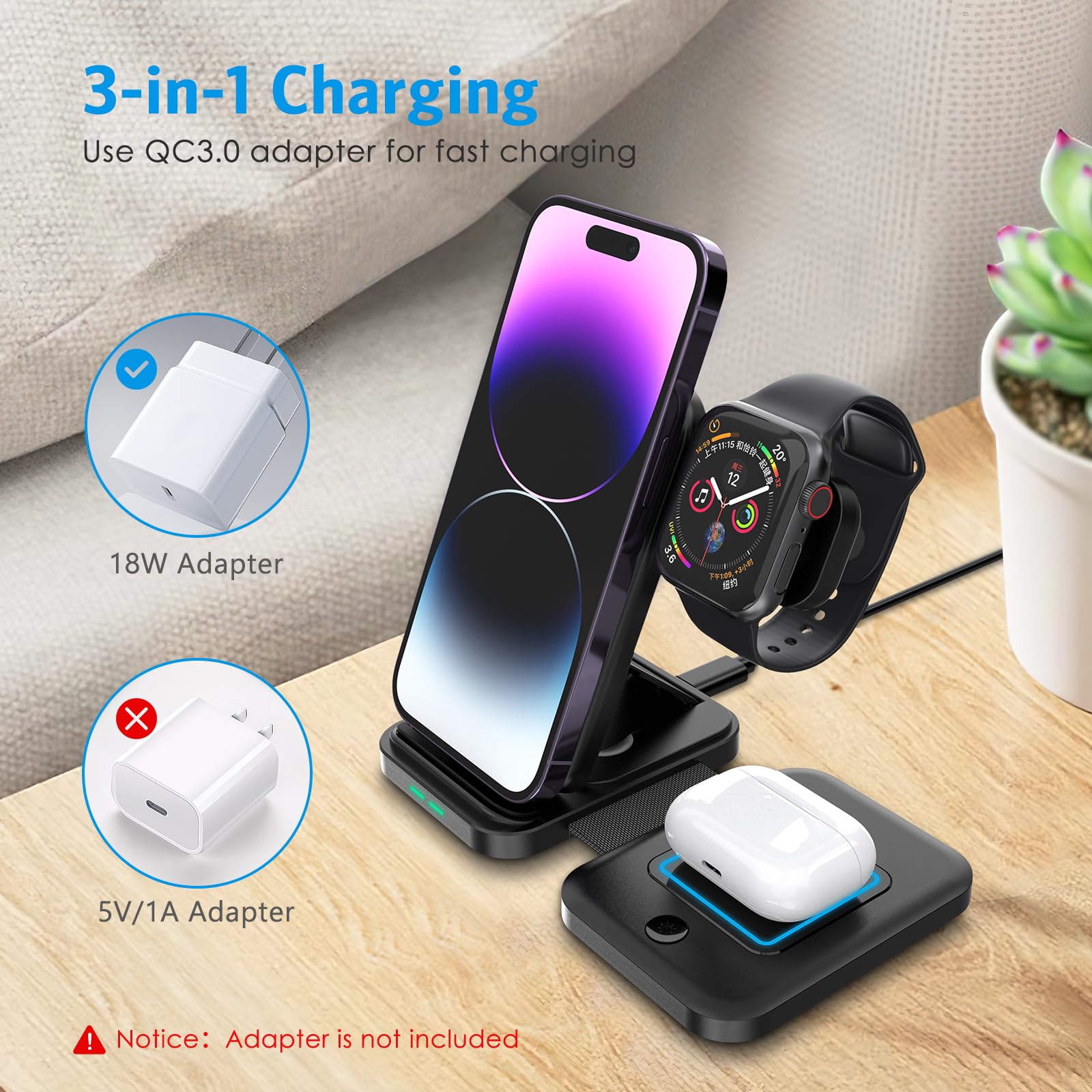 3 in 1 Foldable Wireless Charger with Magsafe - Portable Charging Station for iPhone 15/14/13/12, AirPods & Apple Watch | Fast Wireless Charger for Travel, Office & Nightstand Use