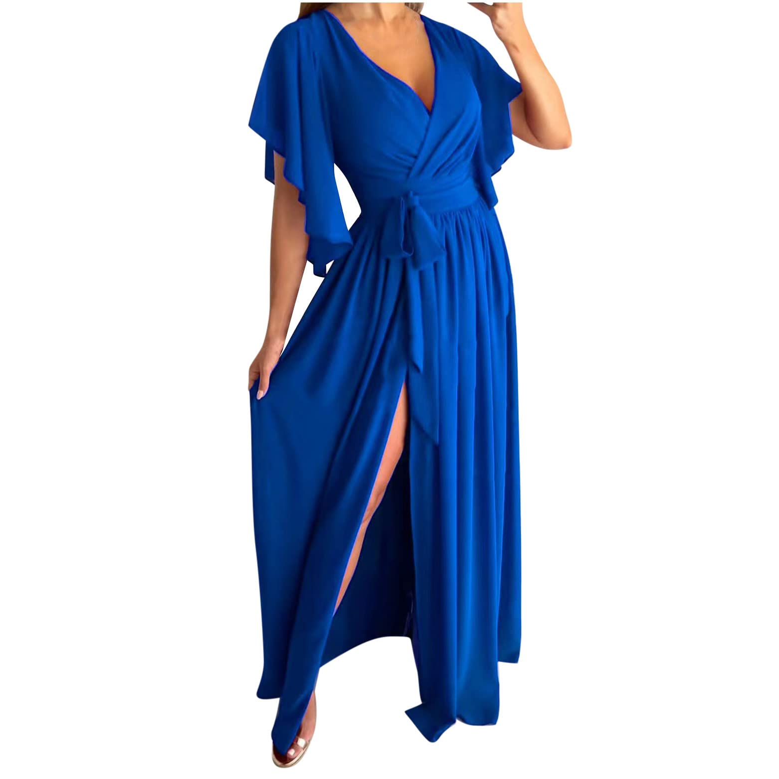Elegant Women's Wedding Guest Dress - Sexy V-Neck Short Sleeve Wrap Maxi Dress with Flowy Ruffle & High Slit for Prom, Cocktail Parties & Special Occasions