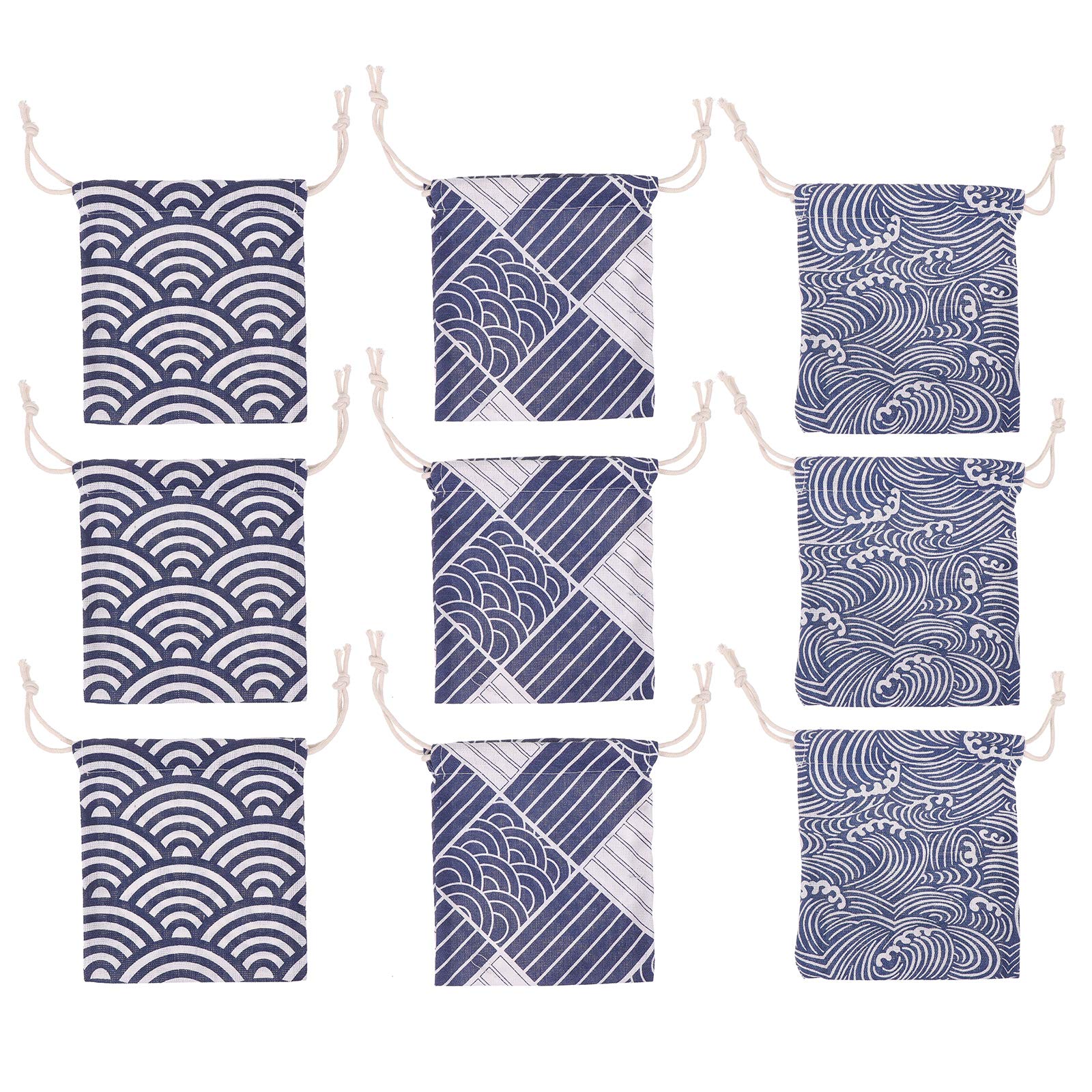 Japanese Style Linen Drawstring Bags - 9pcs Gift Pouches for Party Favors & Travel Storage