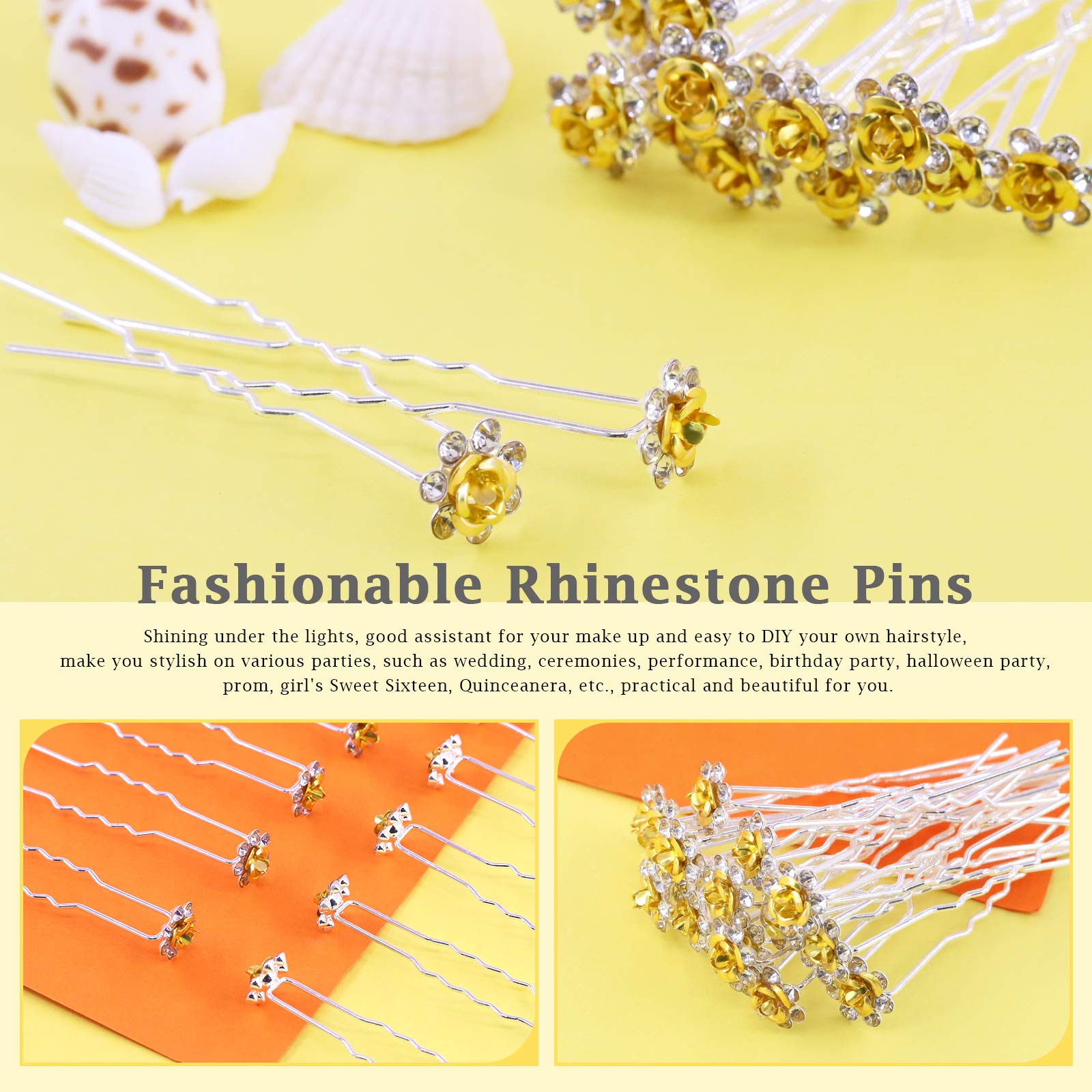Rustark 40 Pcs Gold Crystal Hair Pins - Rose Flower Rhinestone U-Shaped Bobby Pins & Bun Hair Clips for Women - Wedding Bridal Hair Accessories Set with Storage Case - Perfect for Parties, Prom, and Special Occasions
