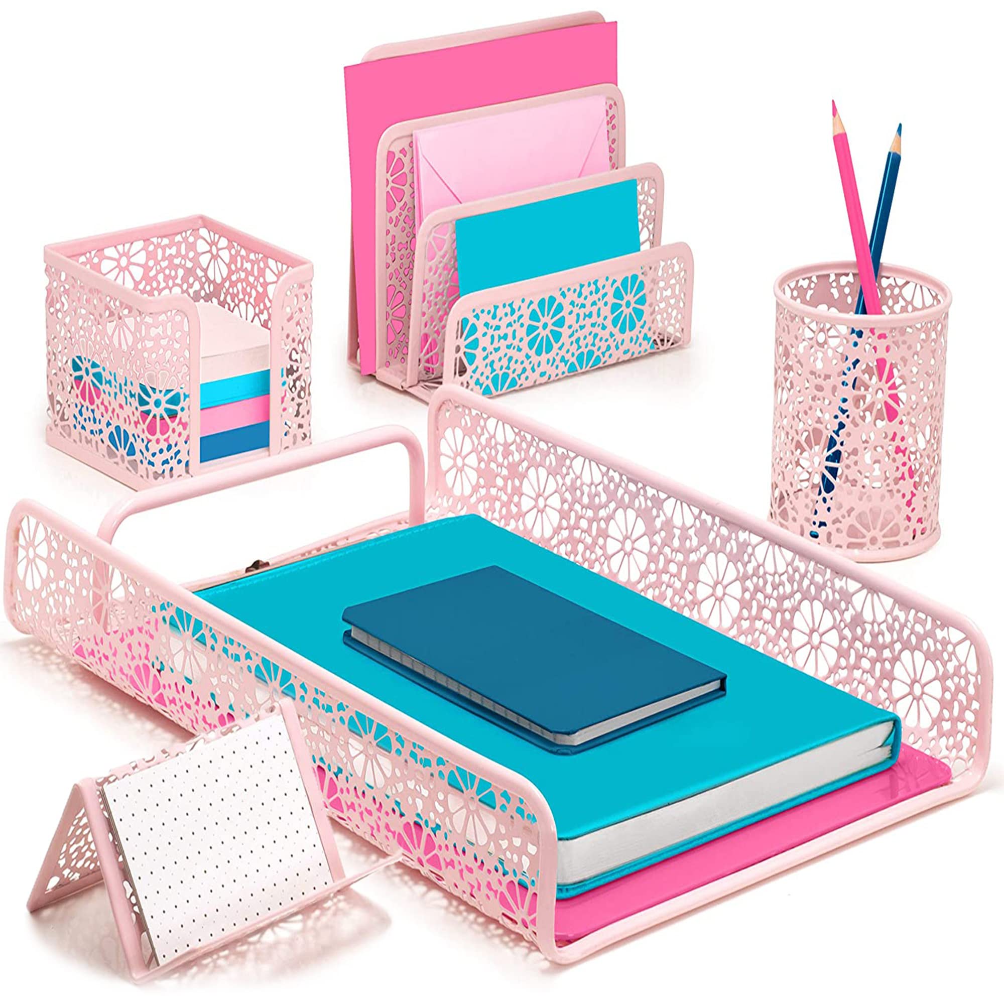 Hudstill 5-Piece Pink Floral Desk Organizer Set - Cute Office Supplies & Room Decor for Women, Girls | Perfect for Cubicle, School, Home Office & Workspace Organization