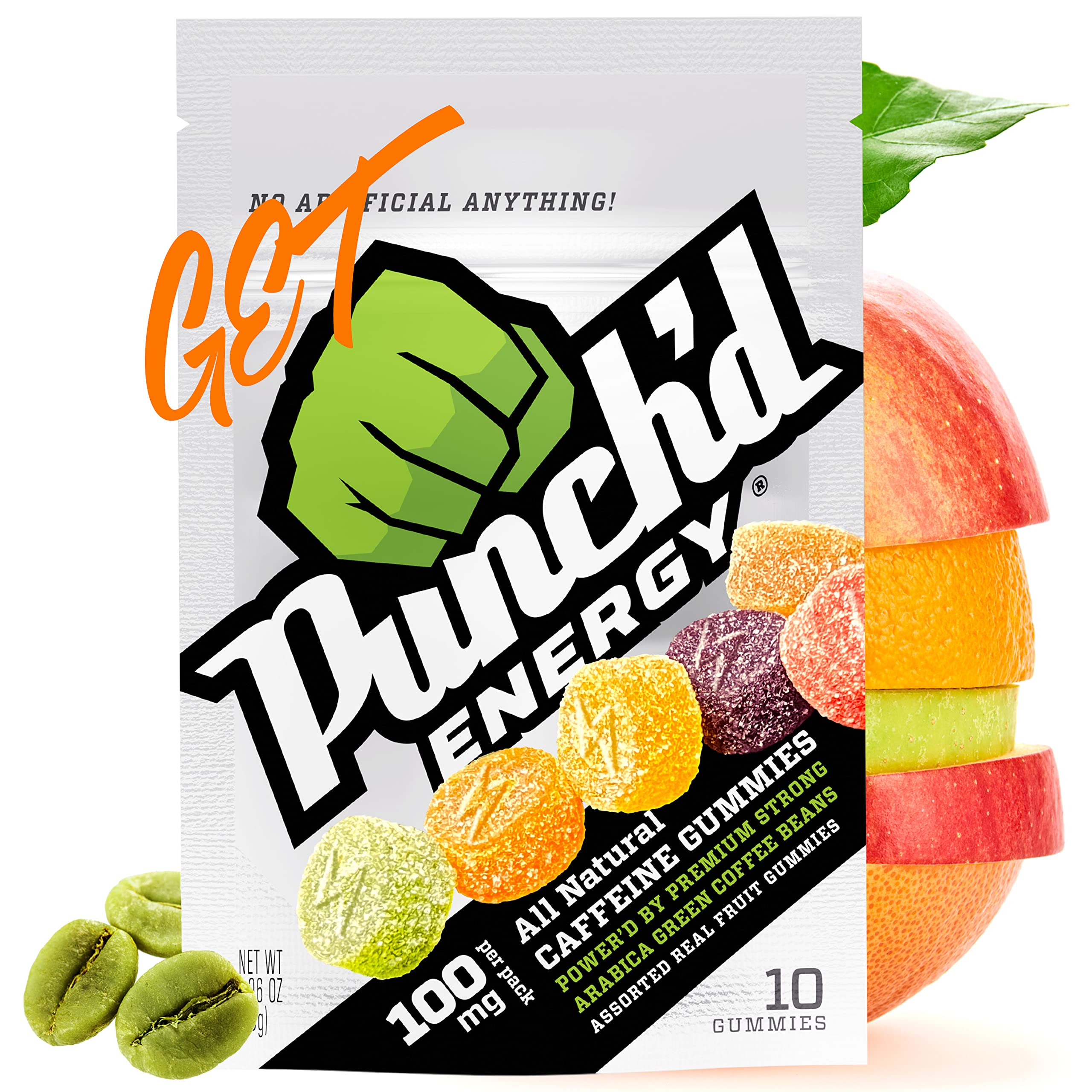 Punch'd Energy All Natural Caffeine Gummies - 10 Gummies (100mg Caffeine per Pack) | Box of 10 | Clean Label Green Coffee Energy Chews | Ultra Low Glycemic, Low Calorie with Vitamin C | Perfect for Workouts, Studying & Travel