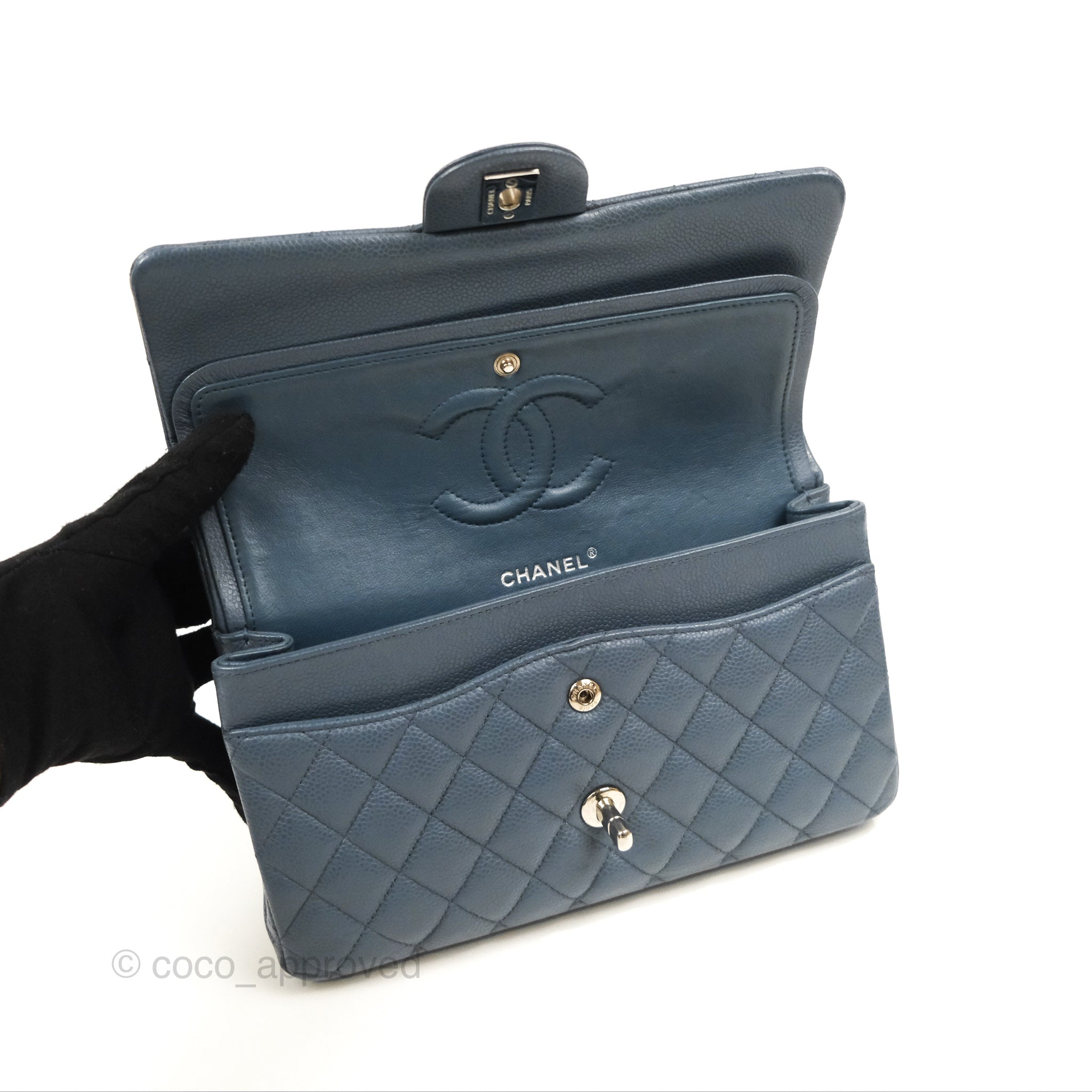 Chanel Classic Double Flap Quilted Medium/Large Handbag in Blue Caviar Leather with Silver Hardware - Perfect for Work, Evening Events & Luxury Fashion Accessories
