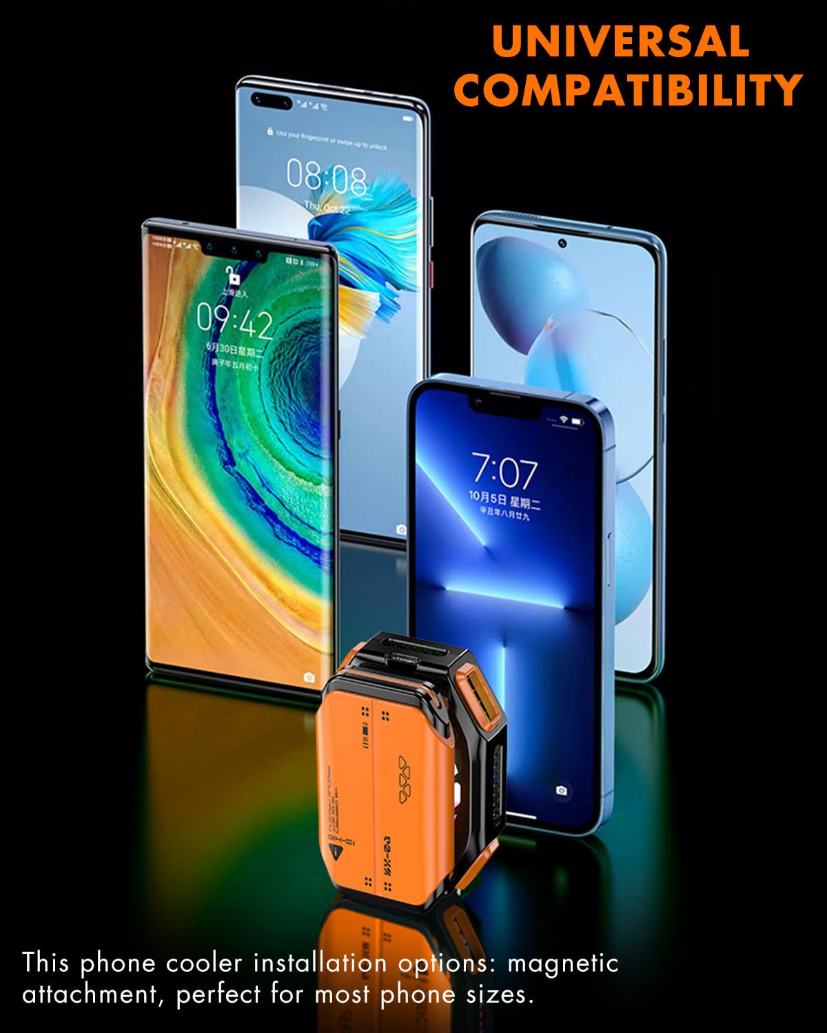 Rechargeable Magnetic Phone Cooler with RGB LED & Temperature Display - Semiconductor Cooling Fan for Mobile Gaming, TikTok Live Streaming, and Extended Phone Use (Orange)