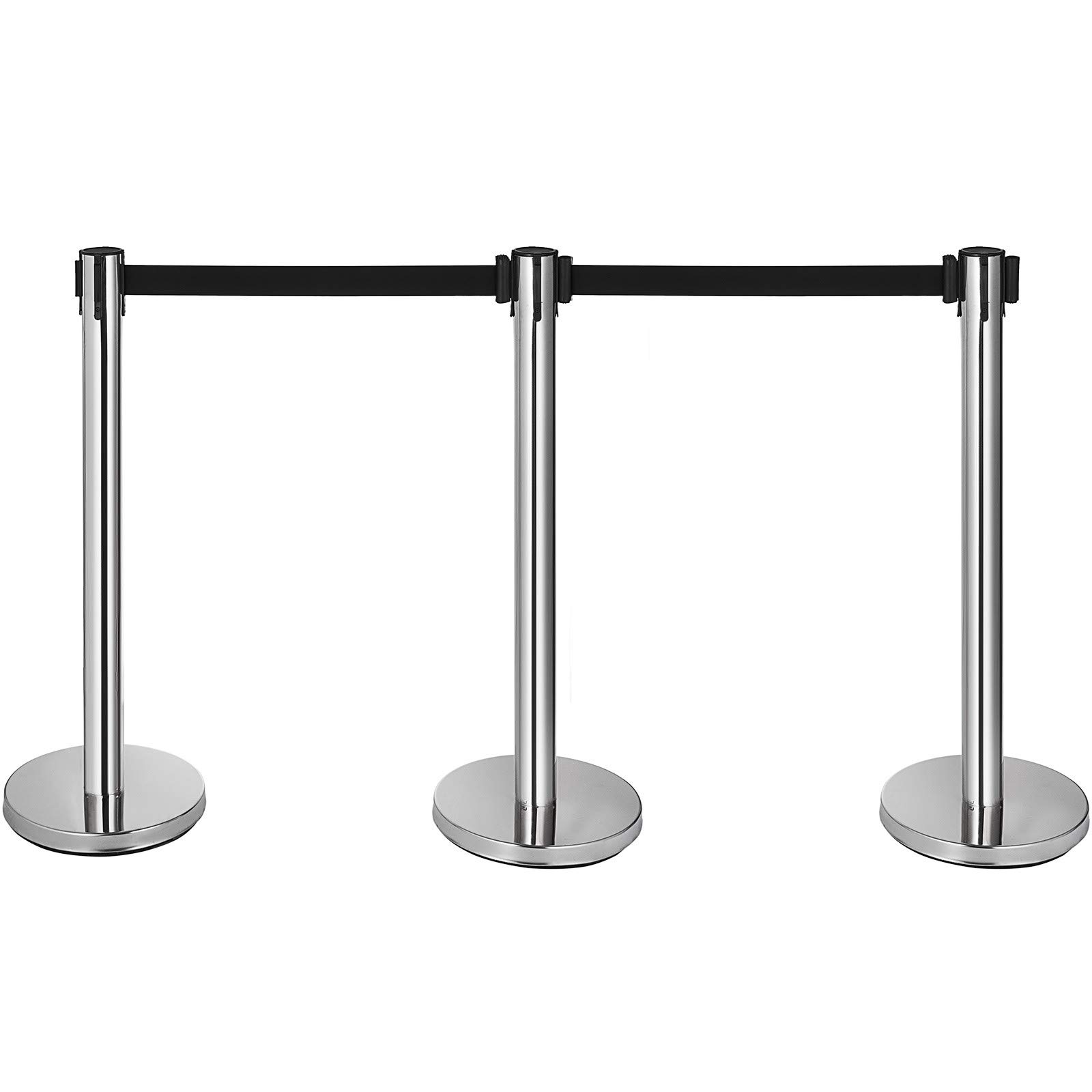 6 Pcs Stainless Steel Stanchion Posts with 6.5' Retractable Belt Rope - 36In Black Crowd Control Barriers for Events, Parties & Queue Management - Durable Silver Queue Poles for Indoor/Outdoor Use