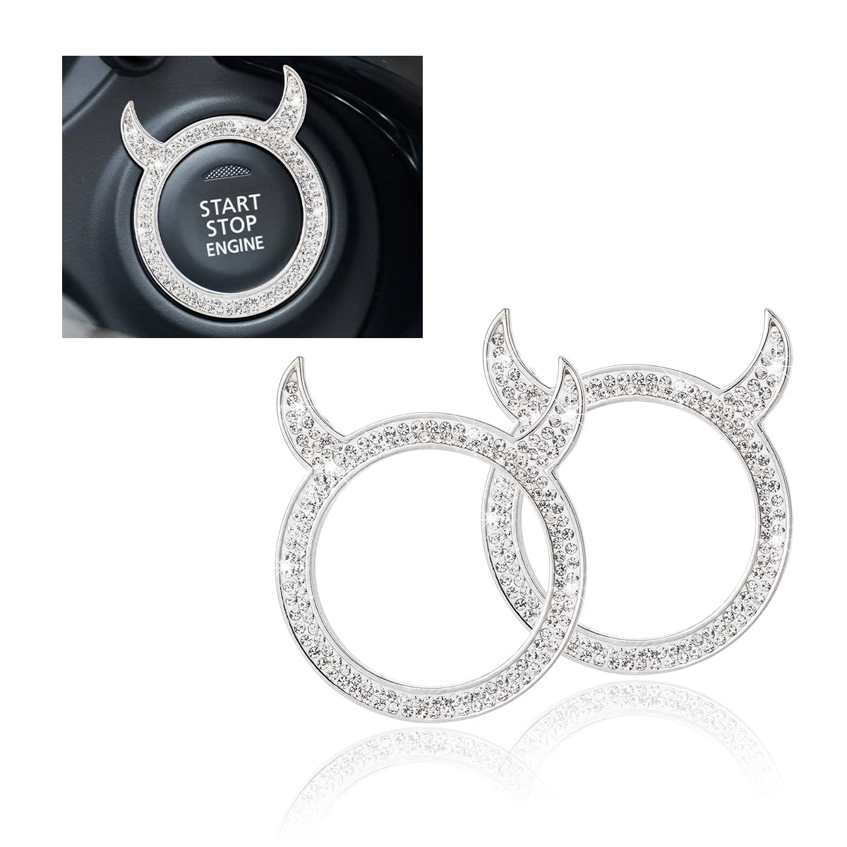 **Bling Crystal Car Engine Start Stop Button Cover - 2PCS Rhinestone Push Start Ring for Auto Interior Decor, Sparkly Little Devil Design (White) - Perfect for Car Accessories, Customization & Unique Vehicle Styling**