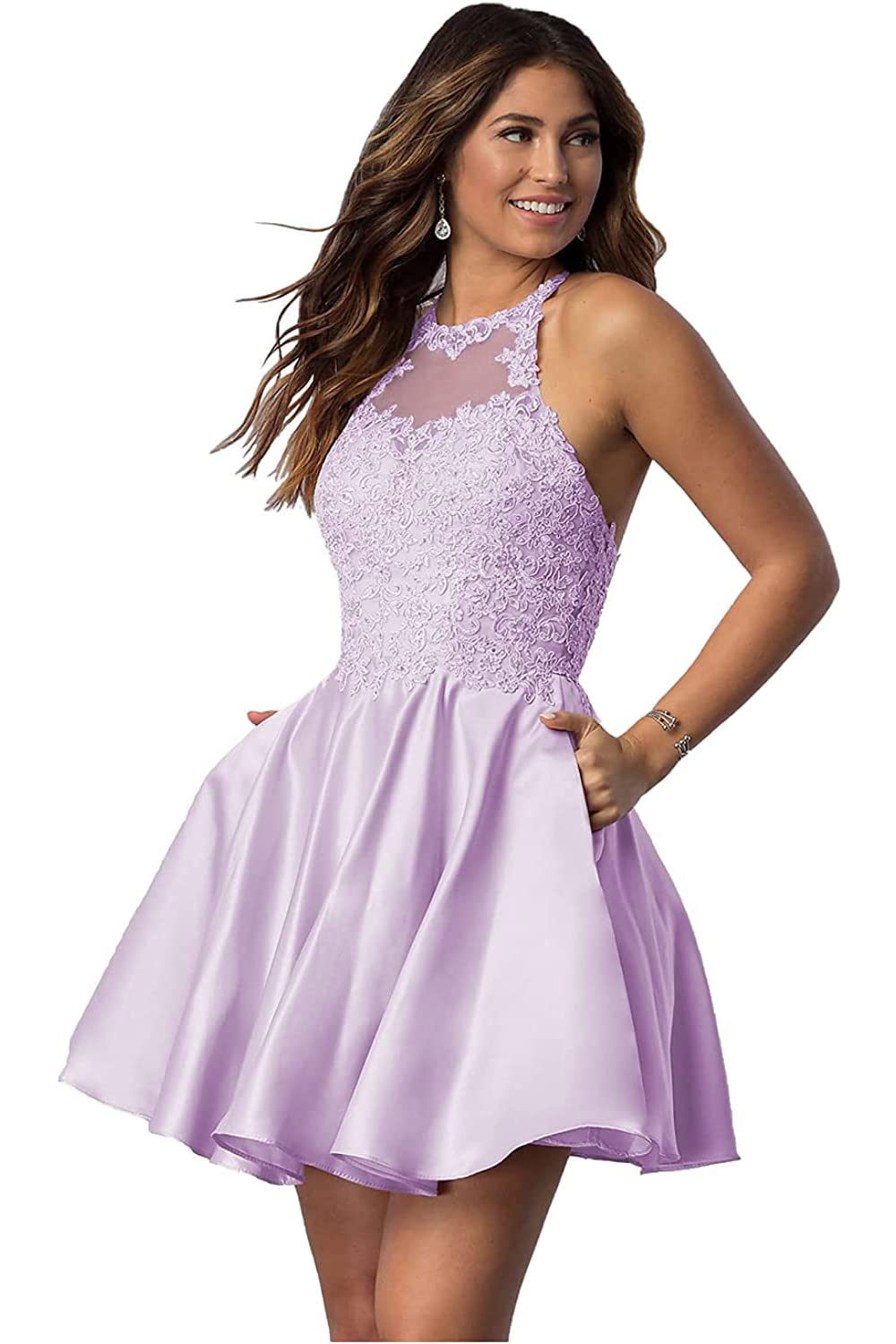 Elegant Women's Short Lace Beaded Homecoming Dress - Satin Ball Gown Prom Party Dress with Pockets for Formal Events, Dances & Special Occasions