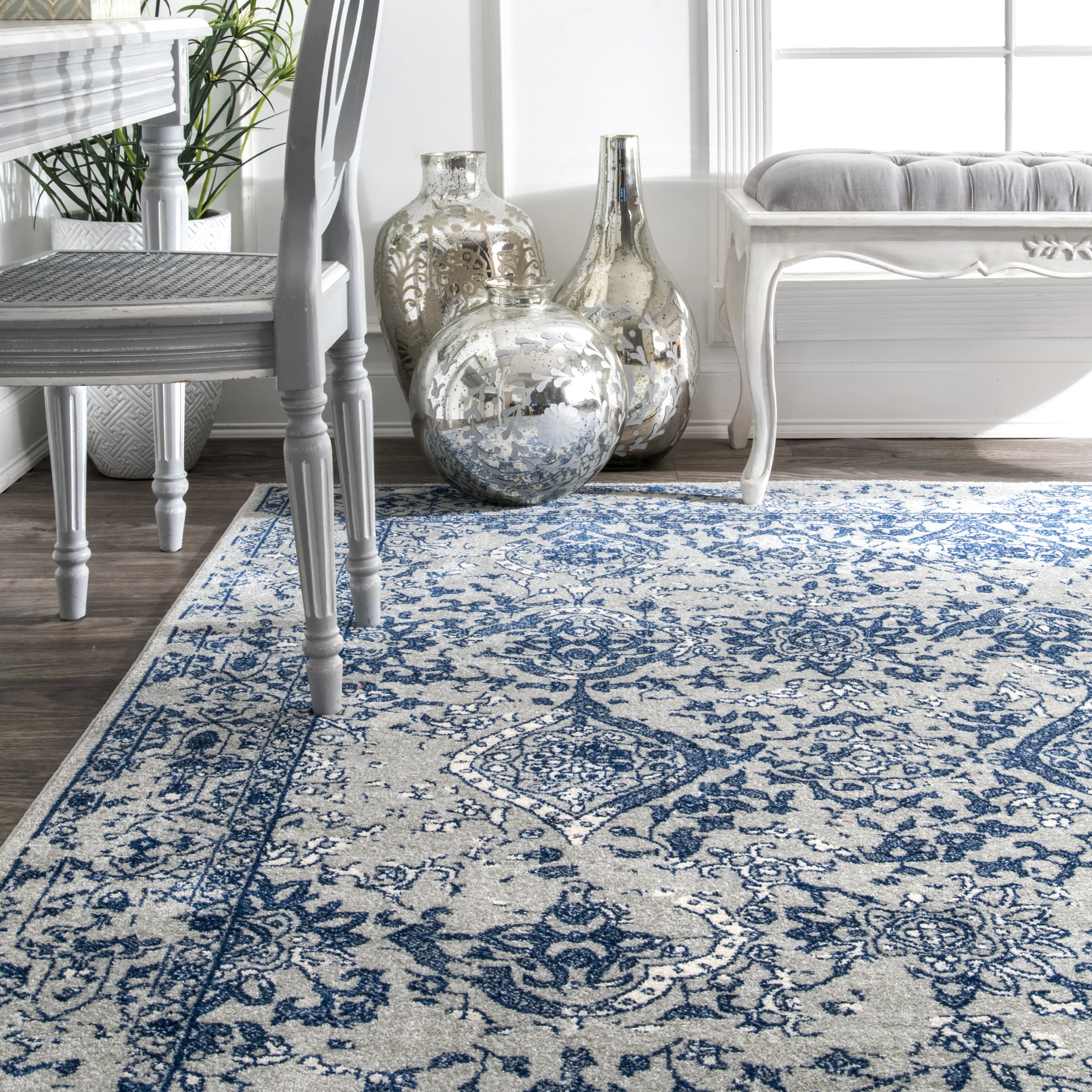 Blue Floral Ornament Rug - Elegant Home Decor for Living Room, Bedroom & Nursery | Soft & Stylish Area Rug