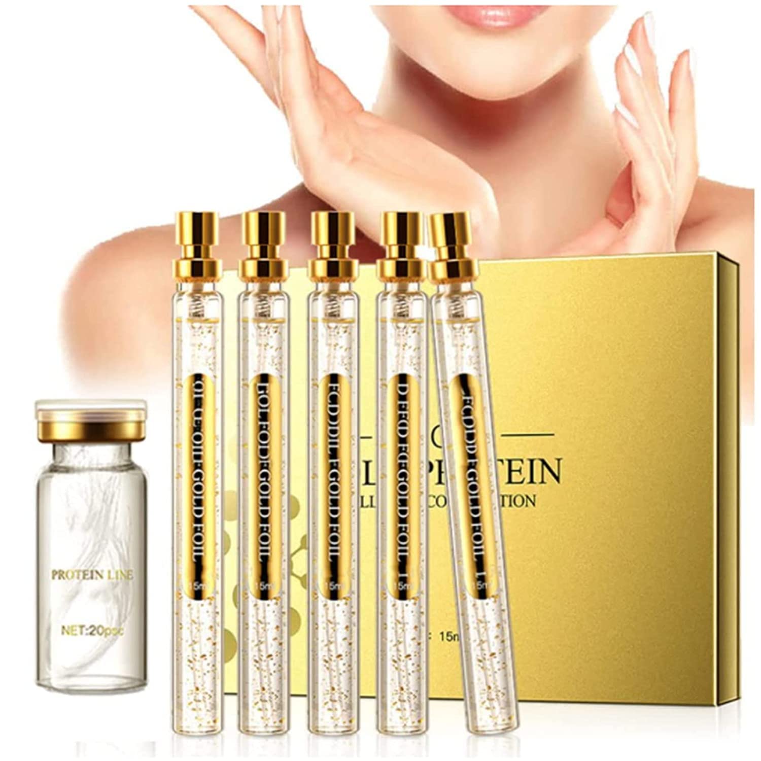 Premium Soluble Protein Thread Lifting Kit with Nano Gold Essence - 15ml x 5 Bottles & 12 Sticks | Anti-Aging Collagen Face Serum & Absorbable Silk Threads for Wrinkle Reduction, Skin Tightening | Perfect for At-Home Facial Treatments & Professional Spa Use