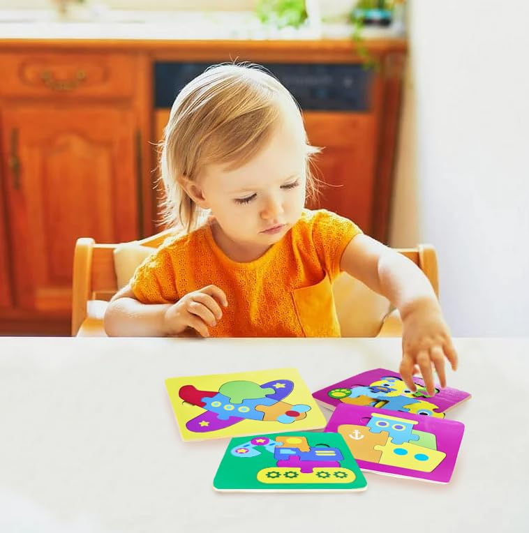 Fiddlys 3D Wooden Jigsaw Puzzles for Kids - 4 Pack Cute Baby Animal & Ship Cartoon Puzzles - Educational Learning Toys for Toddlers & Children - Perfect for Birthday Gifts, Classroom Activities & Family Game Night