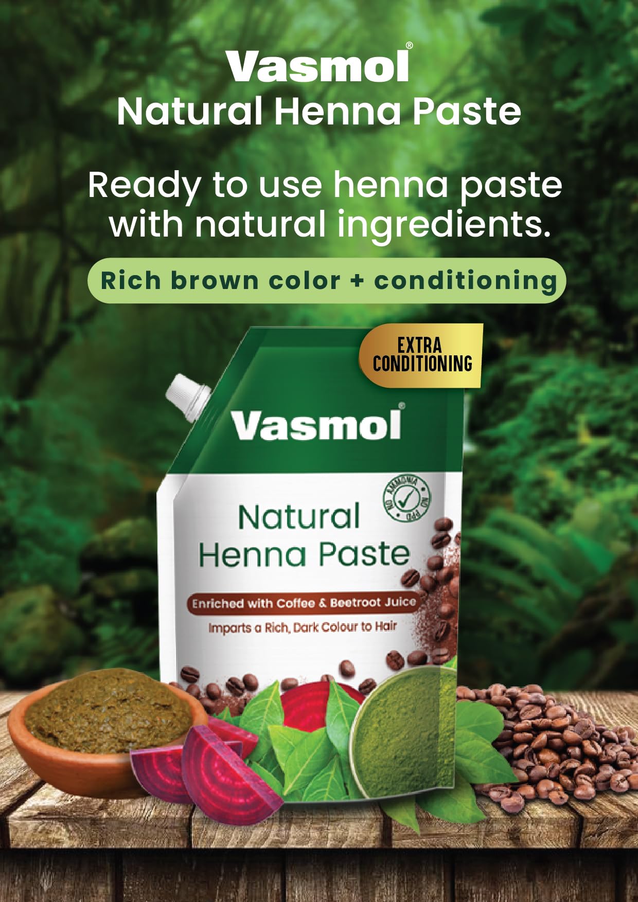 Vasmol 100% Pure Natural Henna Hair Paste - Ready to Use for Conditioning & Coloring (200g, Natural Brown) | Safe for DIY Hair Dye & Natural Hair Treatment at Home