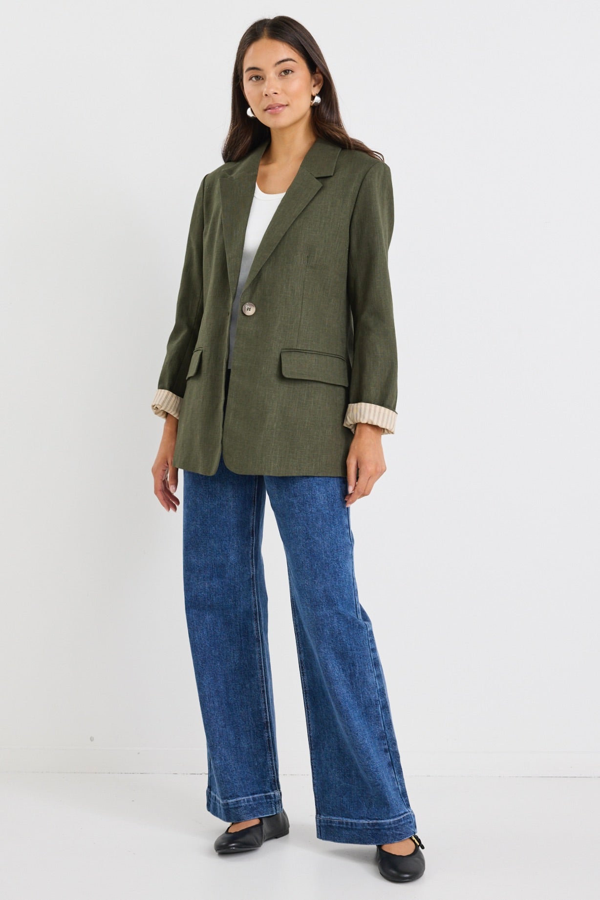 Stylish Khaki Ramie Rolled Sleeve Blazer for Women - Lightweight Summer Office Jacket - Perfect for Business Casual, Workwear & Outdoor Events