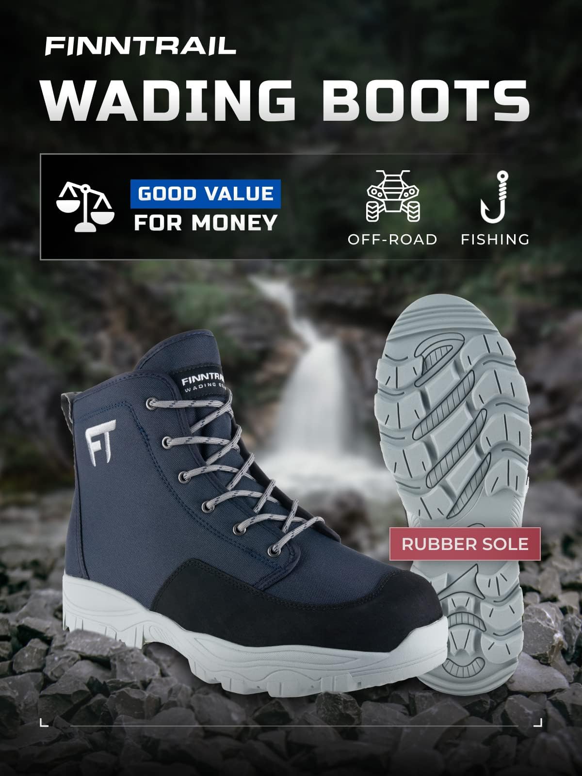 FINNTRAIL Durable Wading Boots for Men & Women - Lightweight Fishing & Hunting Boots with Rubber Sole - Waterproof ATV Boots for Stockingfoot Waders - Perfect for Outdoor Adventures, River Fishing & Wetland Hunting