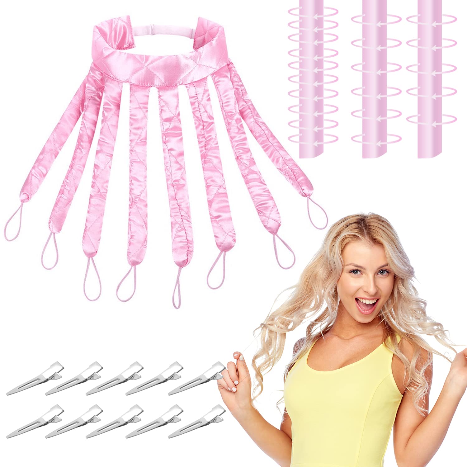 Heatless Hair Curlers Set - Soft Silk Sleep Curling Headband with 10 Clips for Medium to Long Hair (Pink) | Overnight Curling, No Heat Damage, Perfect for Bedtime Styling & Special Occasions