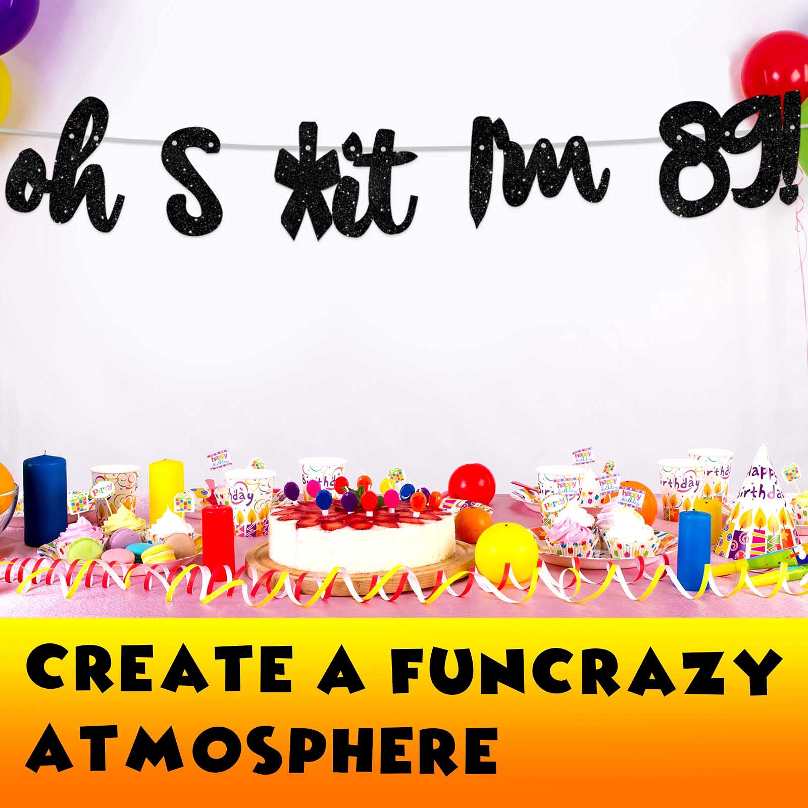 Glitter Black 'Oh I'm 89!' Birthday Banner Backdrop - Happy 89th Birthday Party Decorations for Men & Women - Photo Studio Props, Flags & Party Supplies Kit - Perfect for 89th Birthday Celebrations, Milestone Parties & Photo Booths