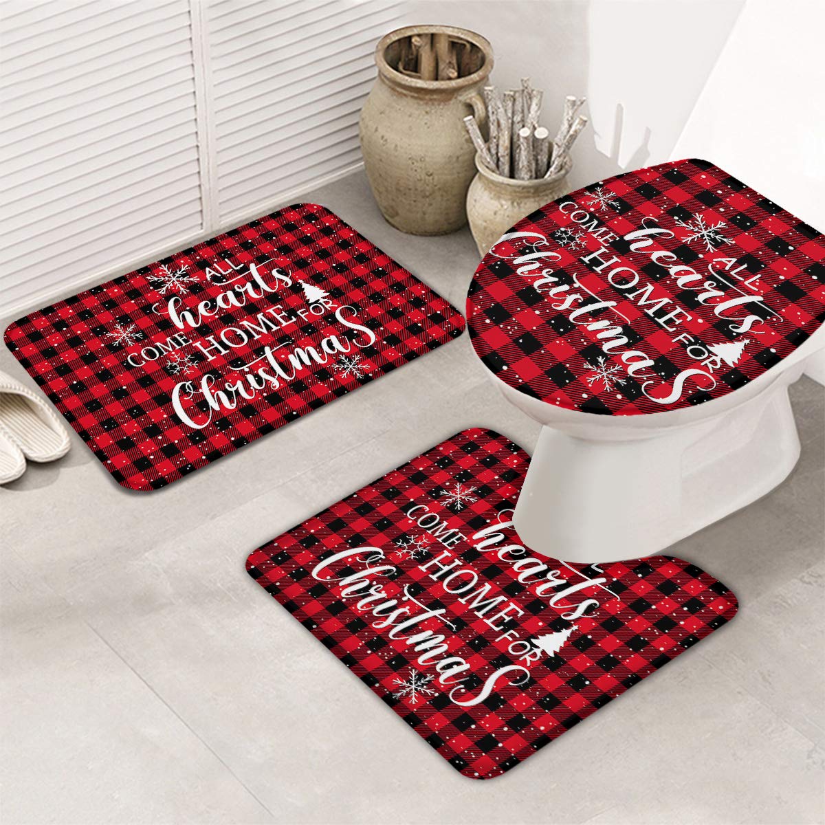 Royalreal 3-Piece Farmhouse Bathroom Rug Set - Non-Slip, Machine Washable Red Plaid (Bath Mat, Toilet Lid Cover, Contour Mat) - Cozy Autumn & Christmas Decor for Farmhouse, Cottage, and Vintage Style Bathrooms