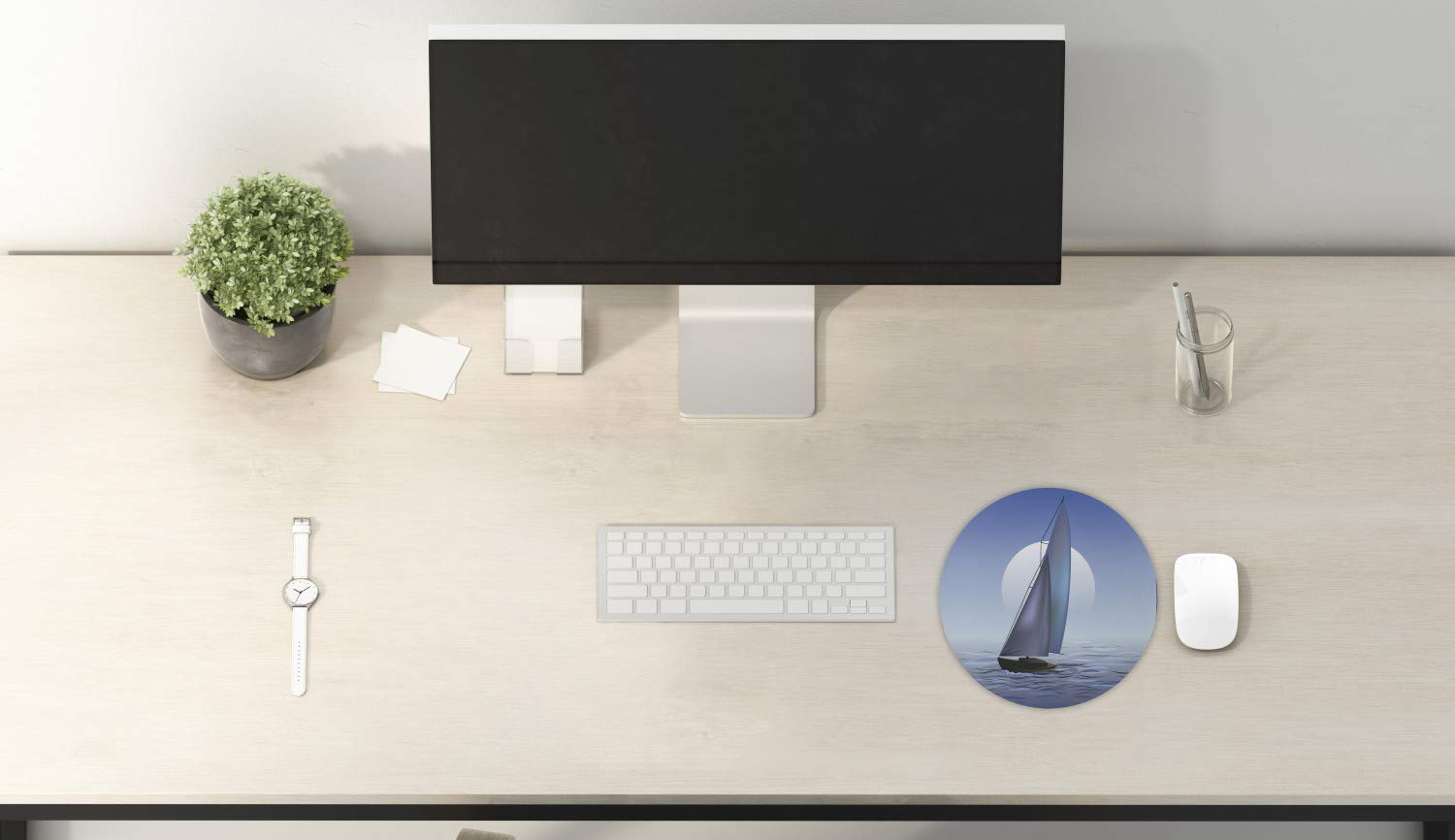 Ambesonne Nautical Mouse Pad - Round Non-Slip Thick Rubber Gaming Mousepad with Sailing Boat & Moonrise Ocean Design, 8 Inch, Violet Blue - Perfect for Office, Gaming & Computer Workstations
