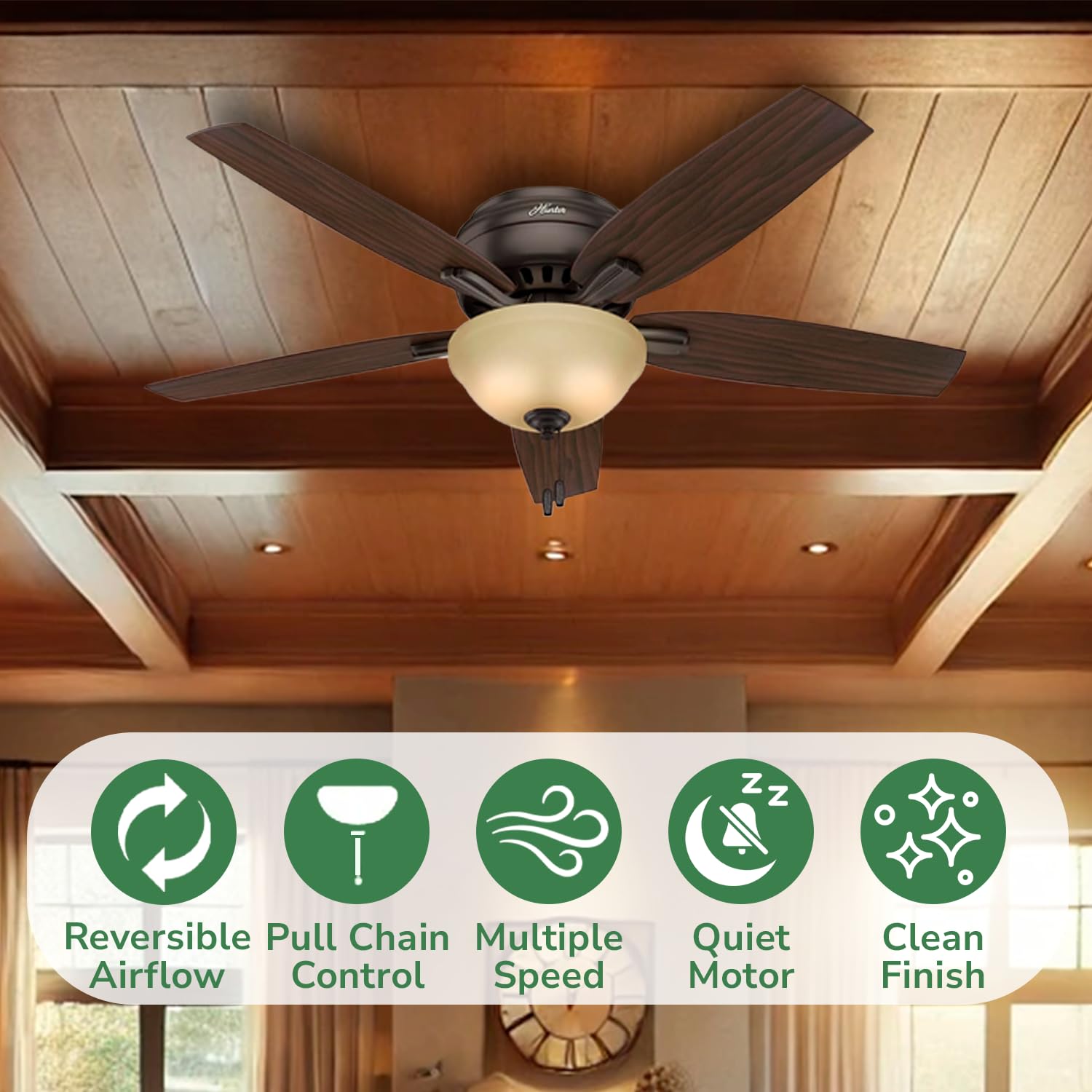 Hunter Fan Company 53314 52-Inch Newsome Premier Bronze Low Profile Ceiling Fan with LED Light Kit and Pull Chain - Perfect for Bedroom, Living Room, and Indoor Spaces