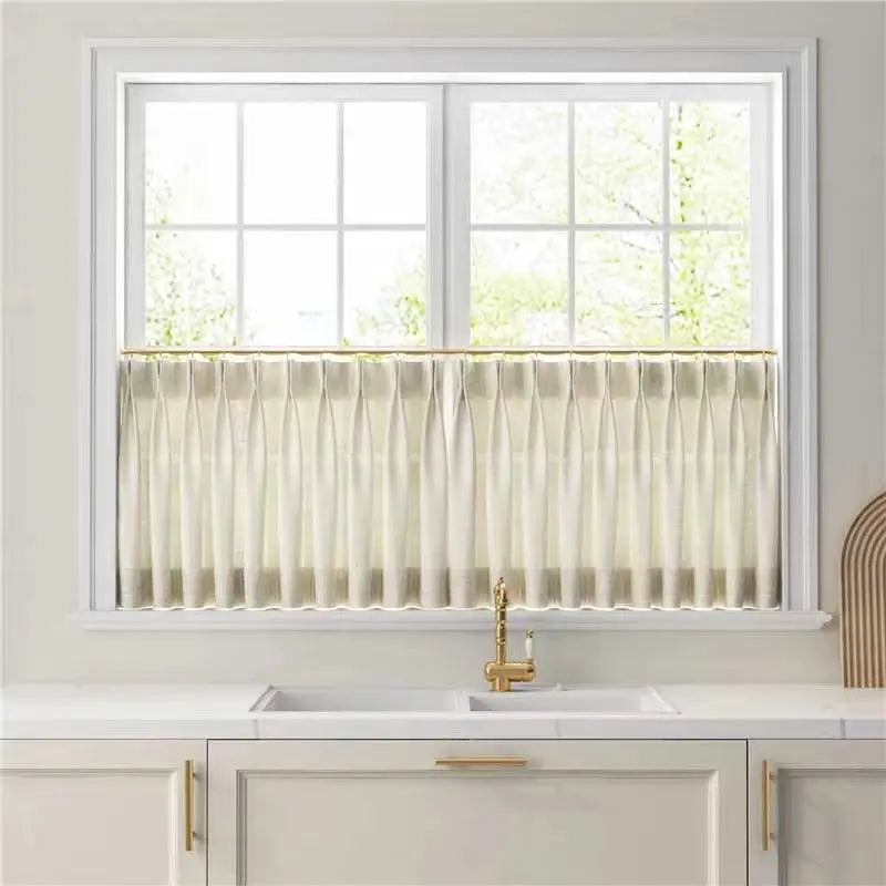 Linen Pleated Cafe Curtains for Kitchen Windows - Elegant Semi-Sheer Window Treatment for Coffee Shops, Restaurants & Home Decor