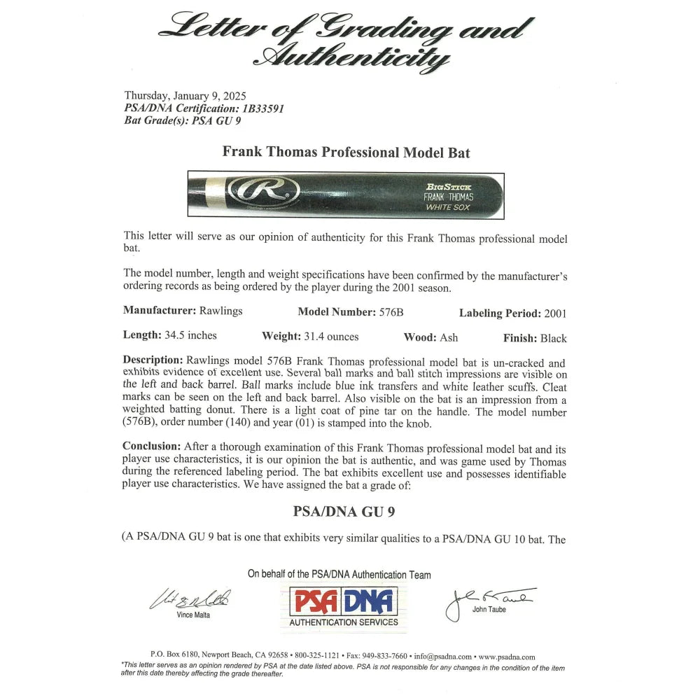 Frank Thomas Game Used 2001 Rawlings Baseball Bat - PSA/DNA Certified Grade 9 - Chicago White Sox Memorabilia - Perfect for Sports Collectors and Baseball Fans Display