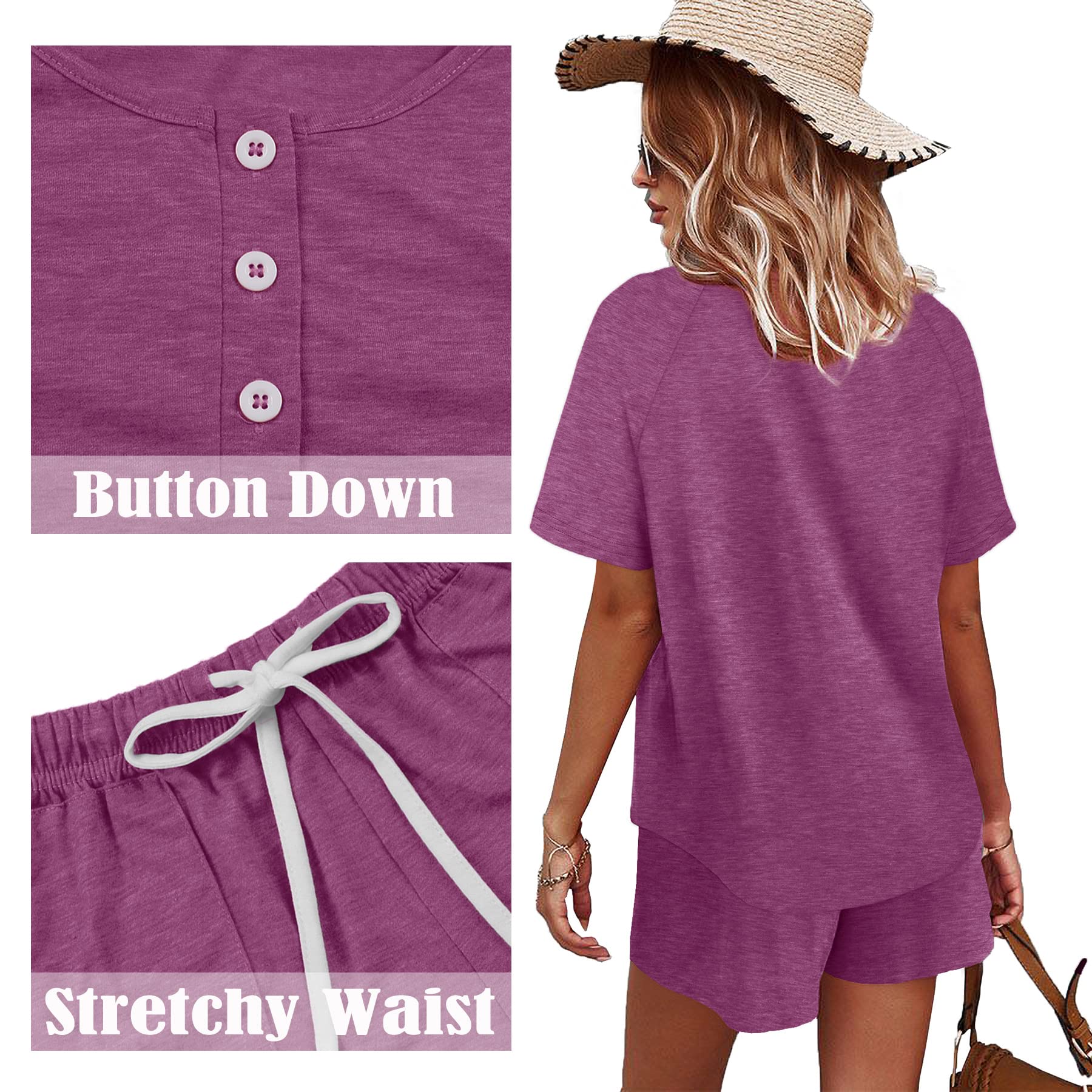 WIHOLL Women's 2-Piece Lounge Set - Button Down Top & Shorts with Pockets | Soft Comfort Outfit for Home, Travel & Casual Wear