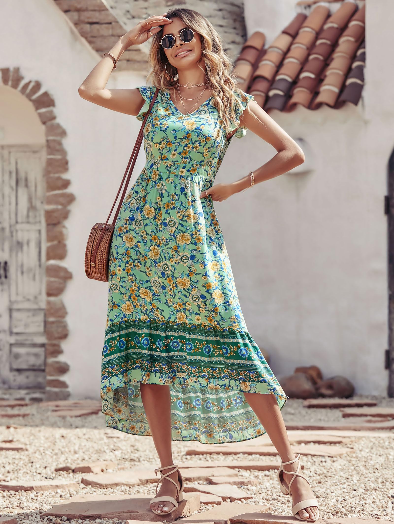 PRETTYGARDEN Women's Summer Maxi Dress 2025 - Floral Print V-Neck Boho Beach Dress with Cap Sleeves, Flowy High-Low Hem in Green & Yellow | Perfect for Vacations, Beach Parties and Casual Outings
