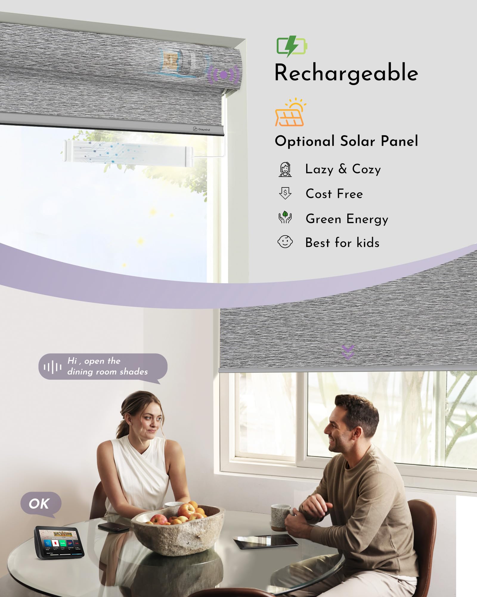 Graywind Smart Blackout Roller Shades - Alexa & Google Compatible, Rechargeable Motorized Blinds with Cordless Remote, Textured Gleaming Fabric, Custom Size (Striped Grey) - Perfect for Bedrooms, Living Rooms & Home Offices