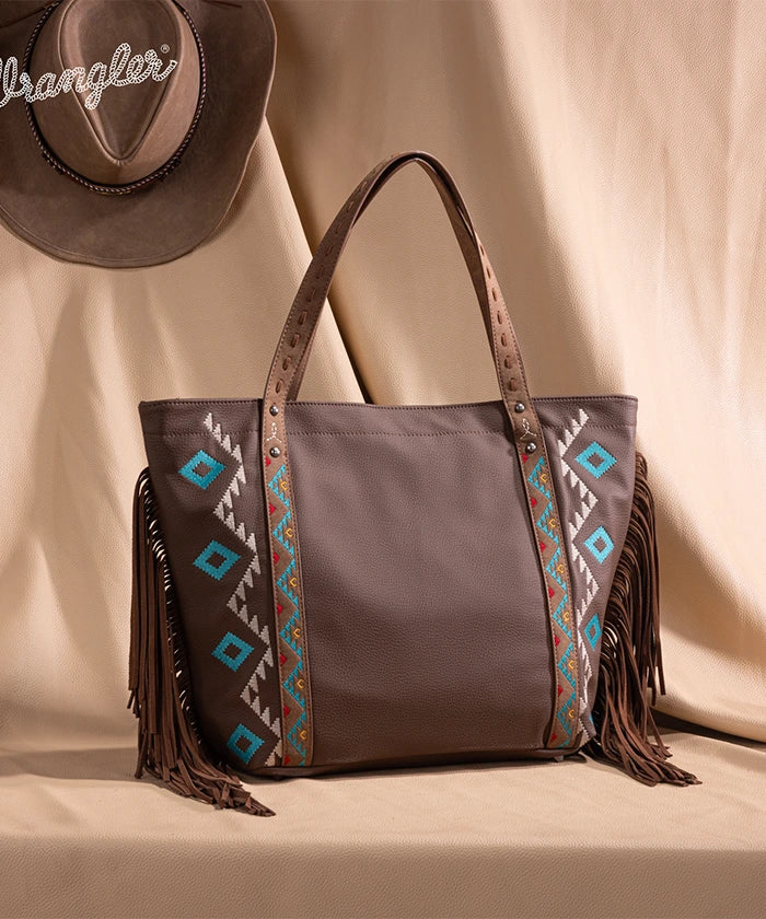 Wrangler Aztec Embroidered Fringe Wide Tote Bag for Women - Stylish Boho Shoulder Purse for Beach, Travel & Everyday Use