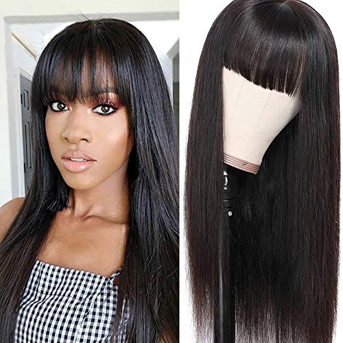 Silky Brazilian Virgin Straight Human Hair Wig with Bangs - 130% Density Glueless Lace Front Wig for Black Women | Natural Color 24 Inch | Perfect for Daily Wear, Cosplay & Special Occasions