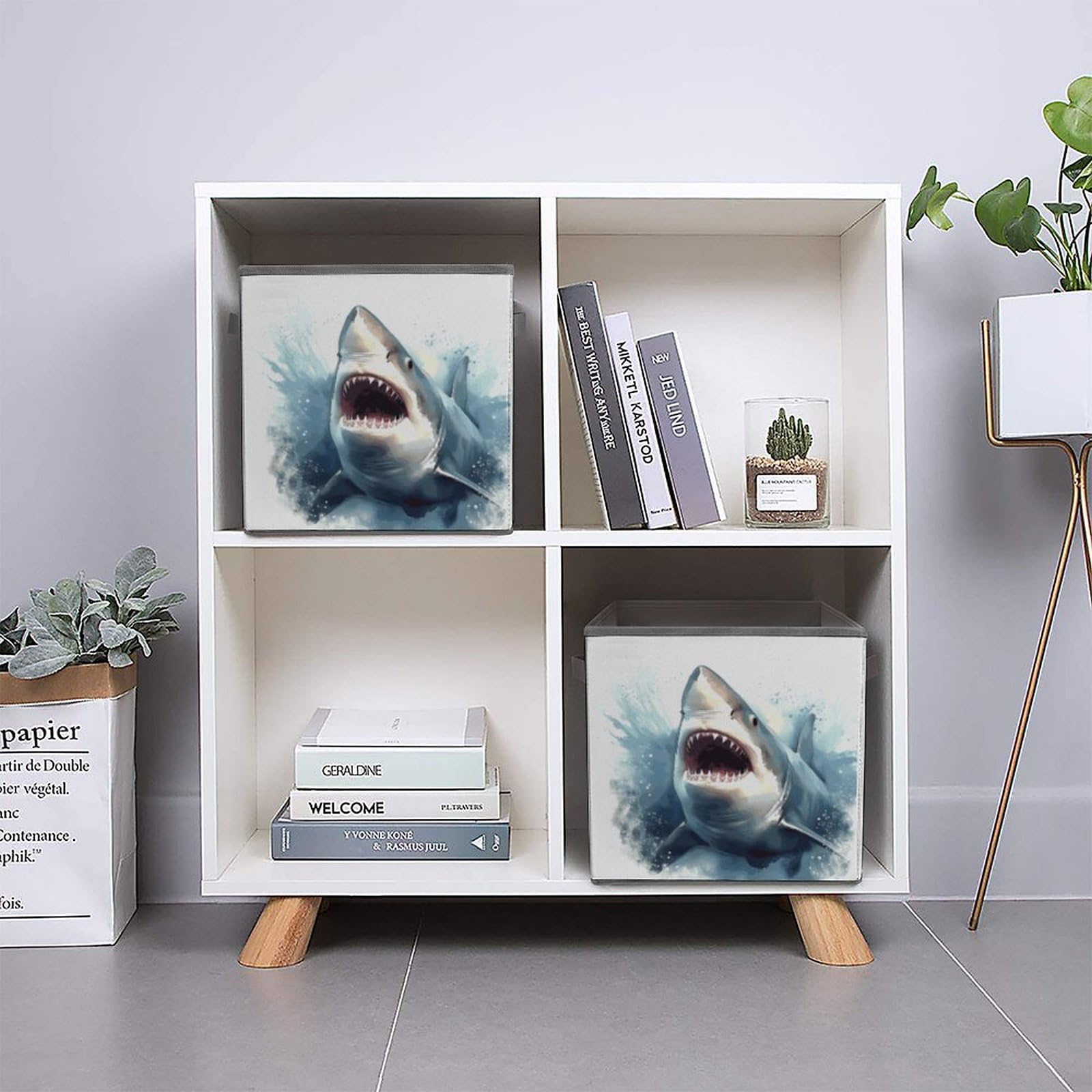 Collapsible Storage Cubes with Handles - 10.6×10.6 Inch Foldable Organizer Bins | Shark in The Sea Printed Fabric Baskets for Home, Office & Kids Room Organization