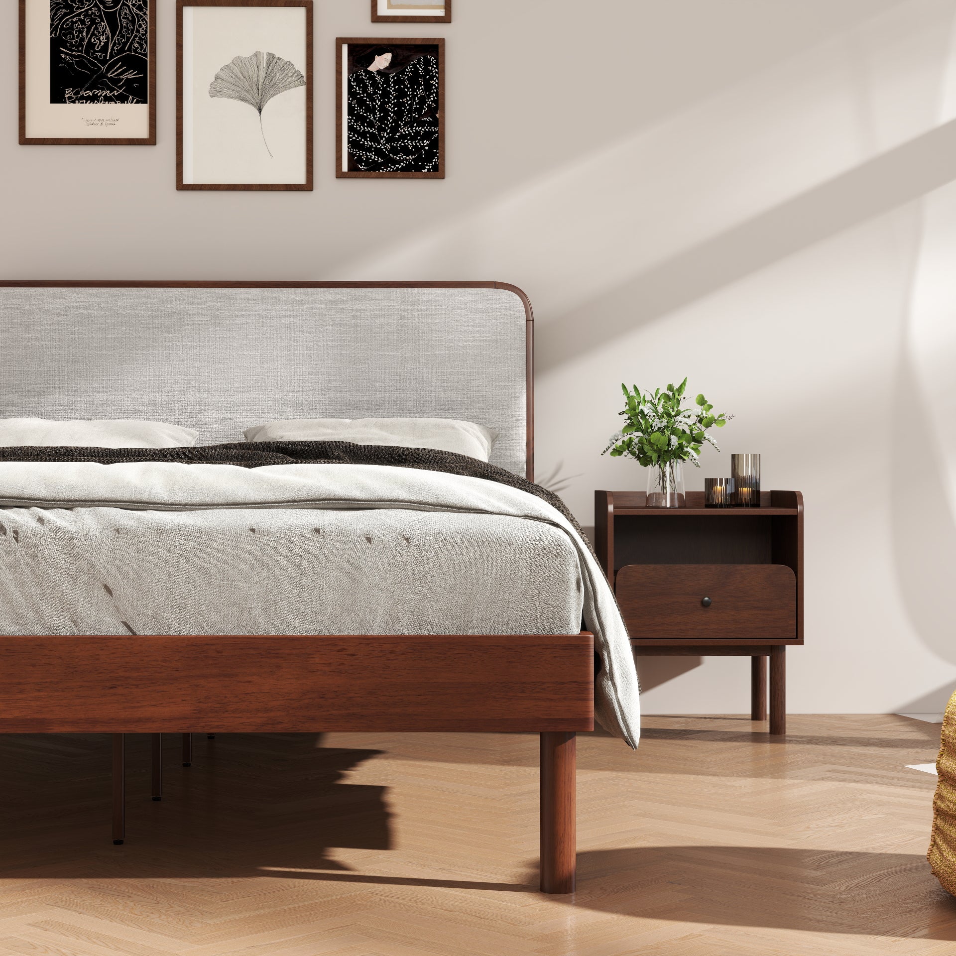 Roundhill Furniture Wyller 3-Piece Queen Bedroom Set - Platform Bed with 2 Nightstands in Natural Walnut Finish | Modern Bedroom Furniture for Small Spaces & Guest Rooms