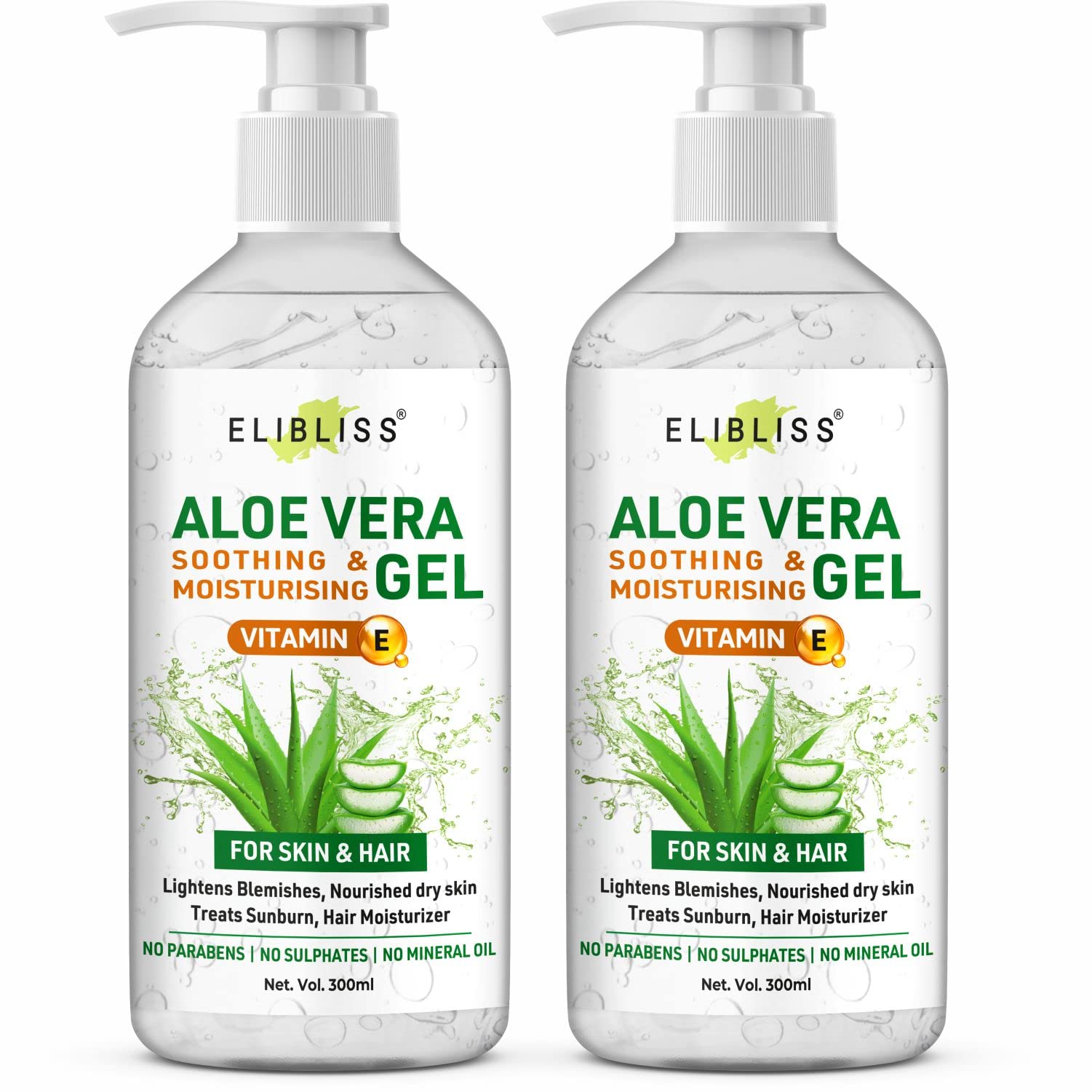 Pure Aloe Vera Gel with Vitamin E for Face & Hair Care - 300ml (Pack of 2) - Hydrating Moisturizer for Sunburn Relief, Dry Skin & Hair Treatment