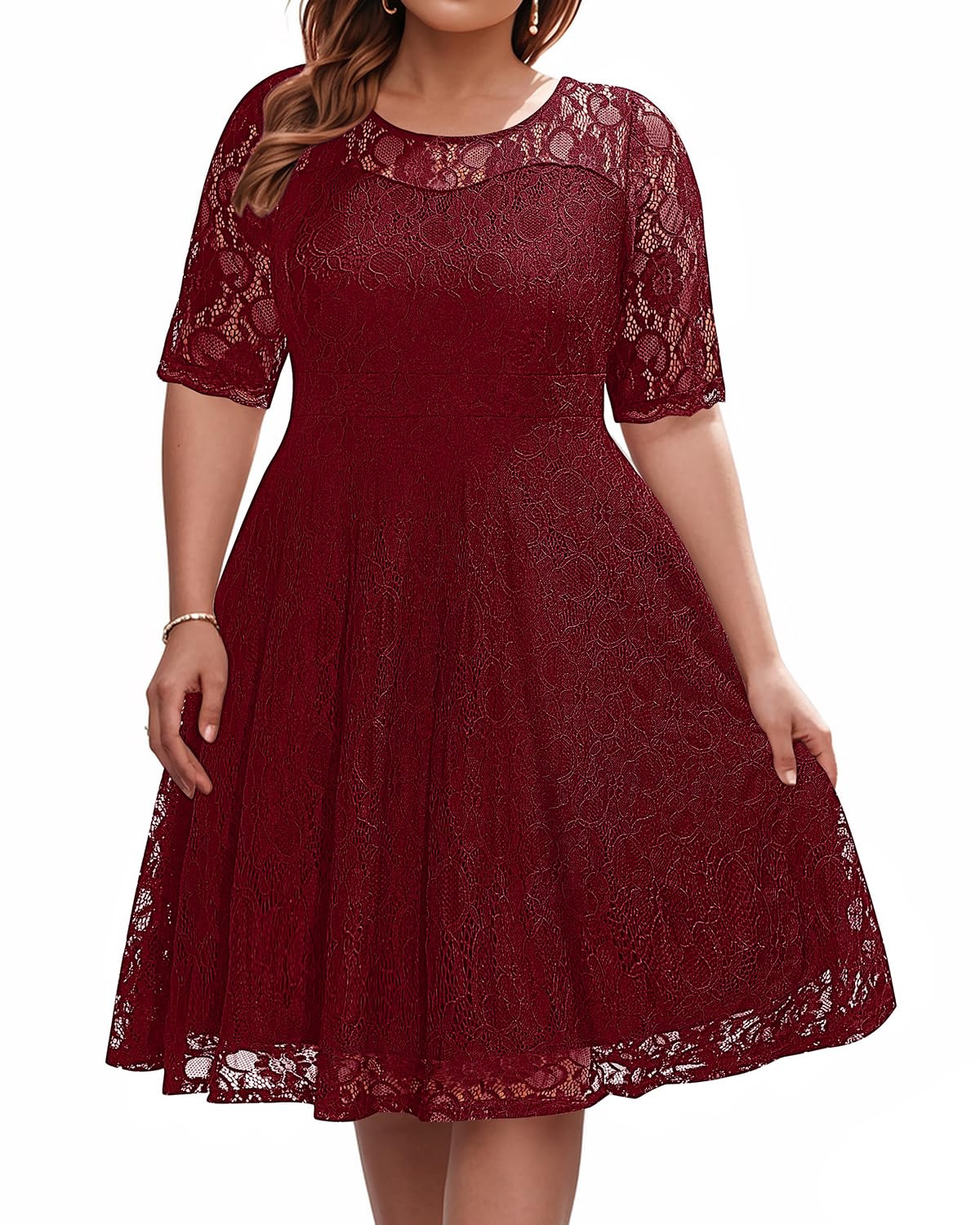 Elegant Plus Size Women's Lace V-Neck Midi Dress for Wedding Guest, Bridal Shower & Cocktail Party | Semi-Formal Occasion Wear | Perfect for Evening Events & Special Celebrations