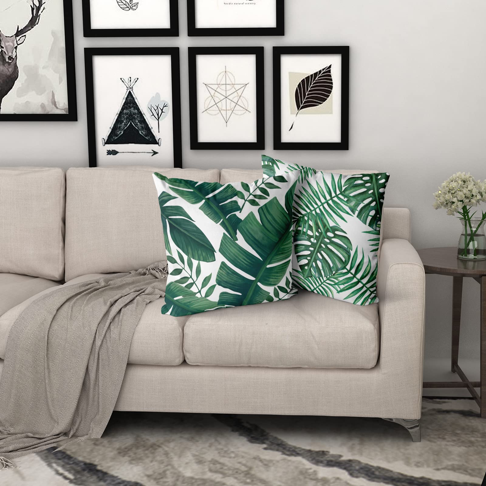 Tropical Palm Leaf Pillow Covers 18x18 Inch - Set of 2 Soft Cotton Square Cushion Covers with Hawaiian Plant Print for Home Decor, Couch, Sofa, Patio & Bedroom - Perfect for Summer, Beach & Boho Style Living Spaces