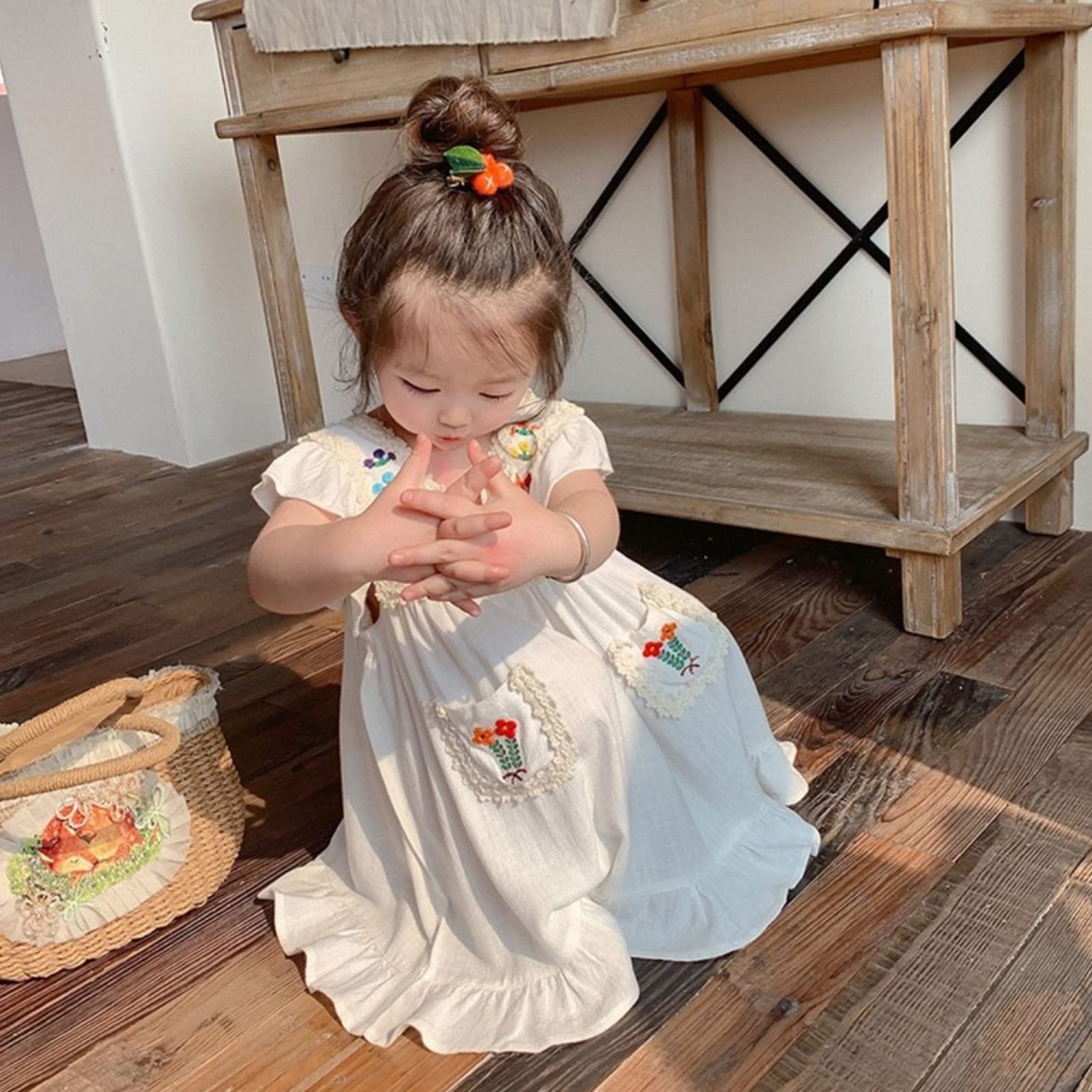 Toddler Girls Summer Dress - Linen Short Sleeve with Floral Embroidery | Princess Style Baby Clothes for Outdoor Play & Special Occasions